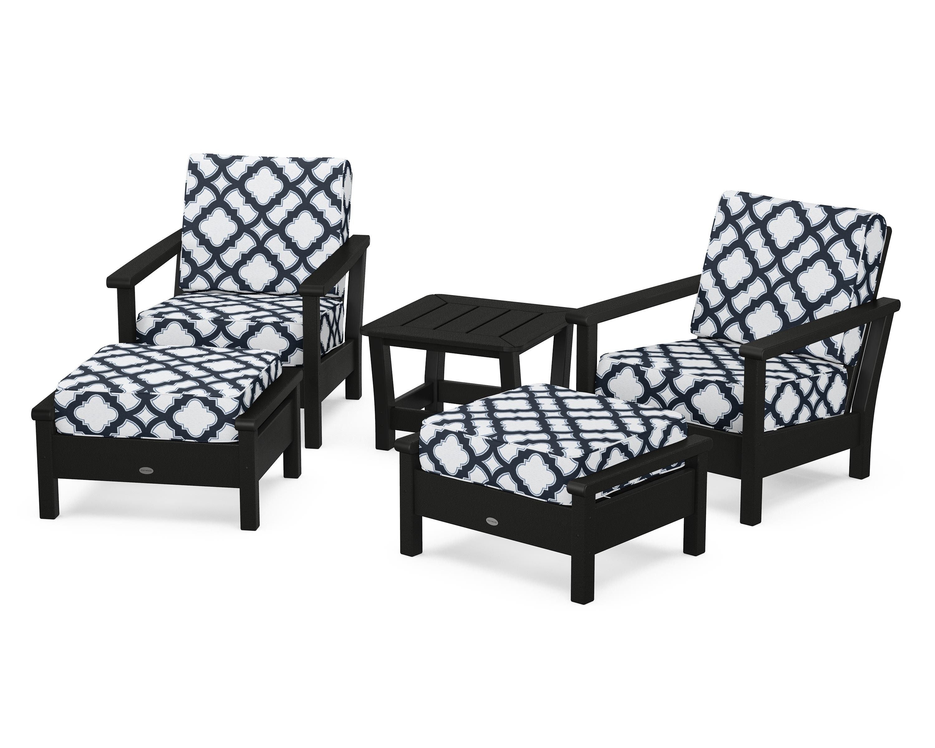 POLYWOOD® Harbour 5-Piece Deep Seating Chair Set in Black / Trellis Marine Indigo