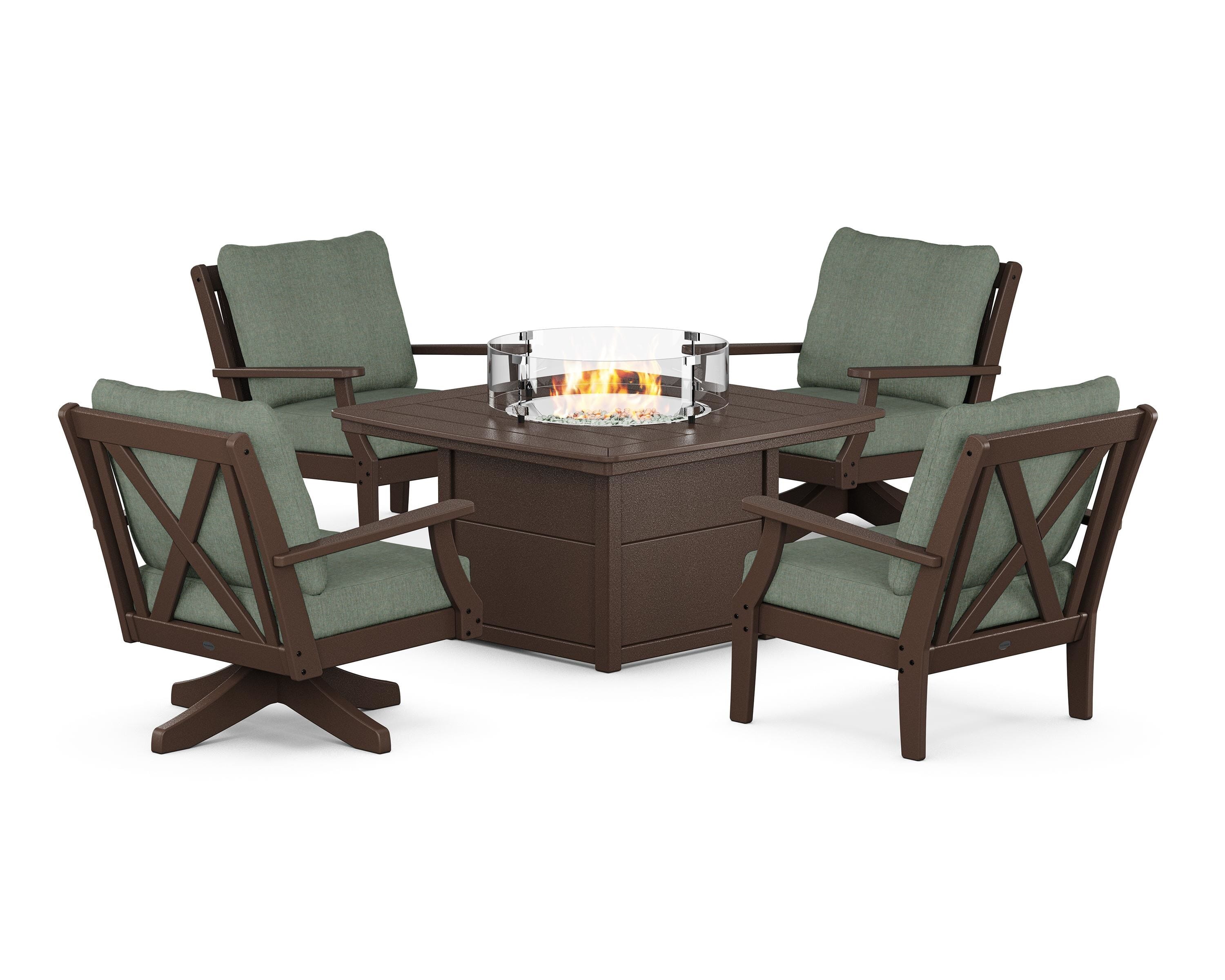 POLYWOOD® Braxton 5-Piece Deep Seating Set with Fire Table in Mahogany / Cast Sage