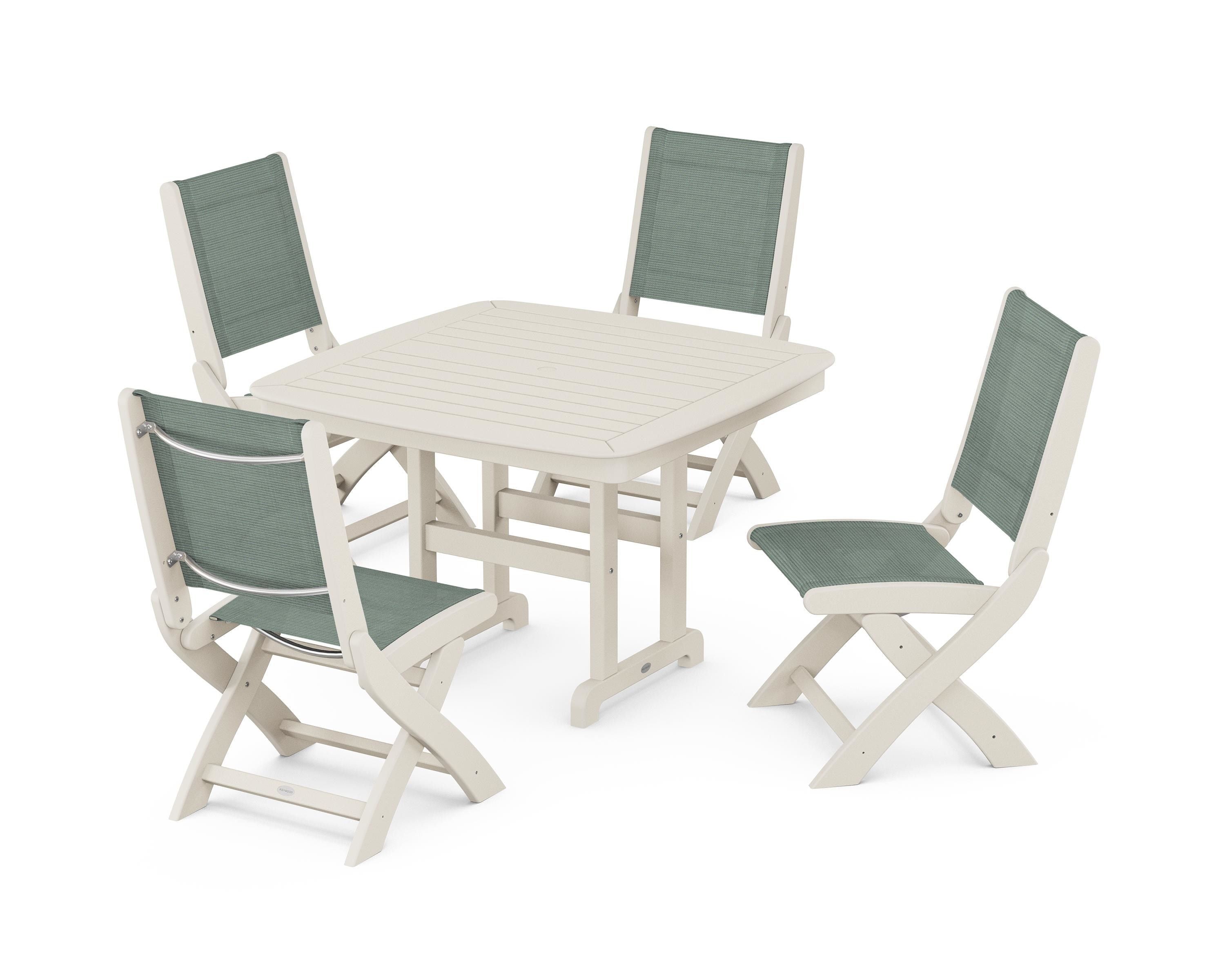 POLYWOOD® Coastal Folding Side Chair 5-Piece Dining Set in Sand / Dupioni Sea Mist Sling