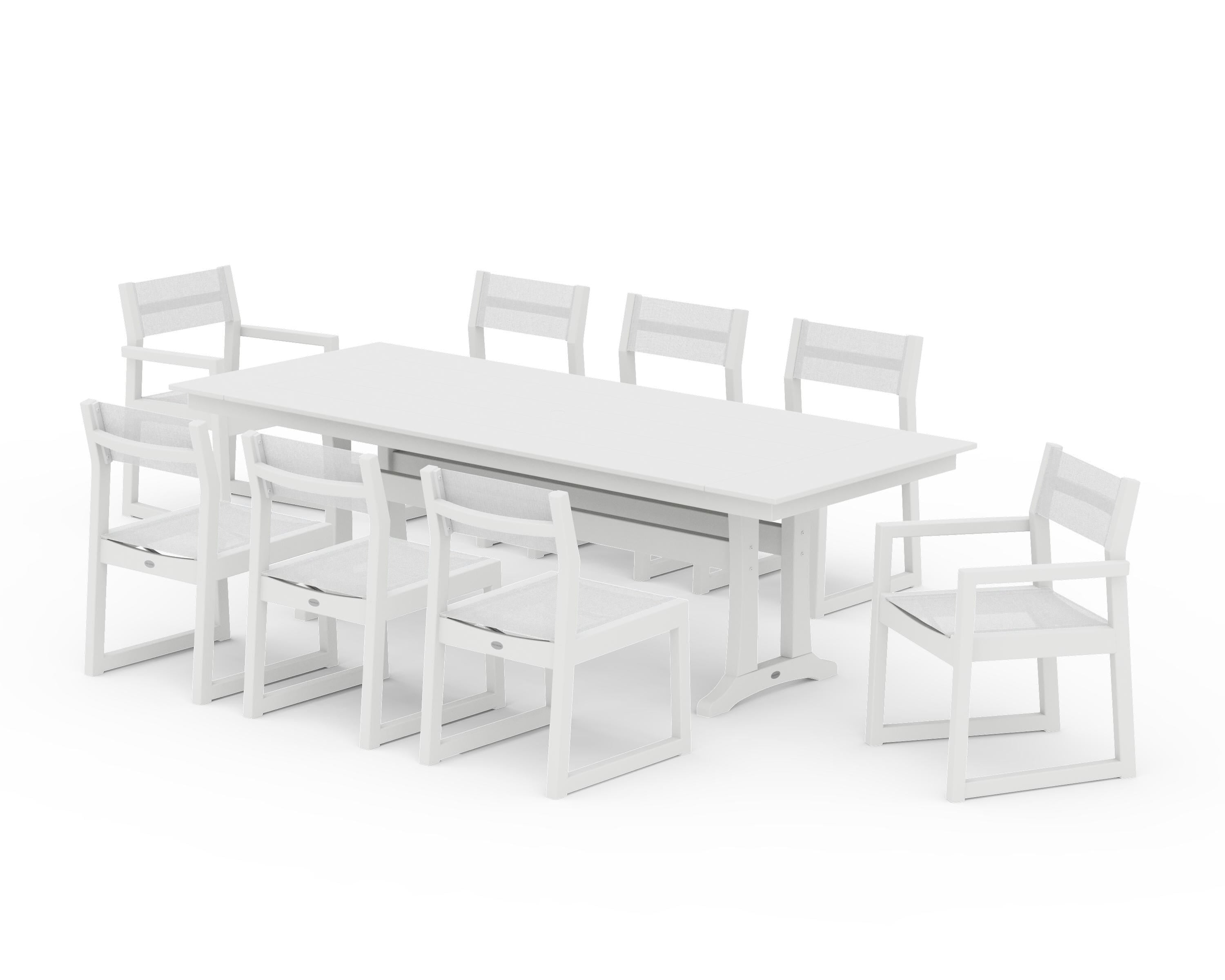POLYWOOD® EDGE Sling 9-Piece Farmhouse Trestle Dining Set in White / White Sling