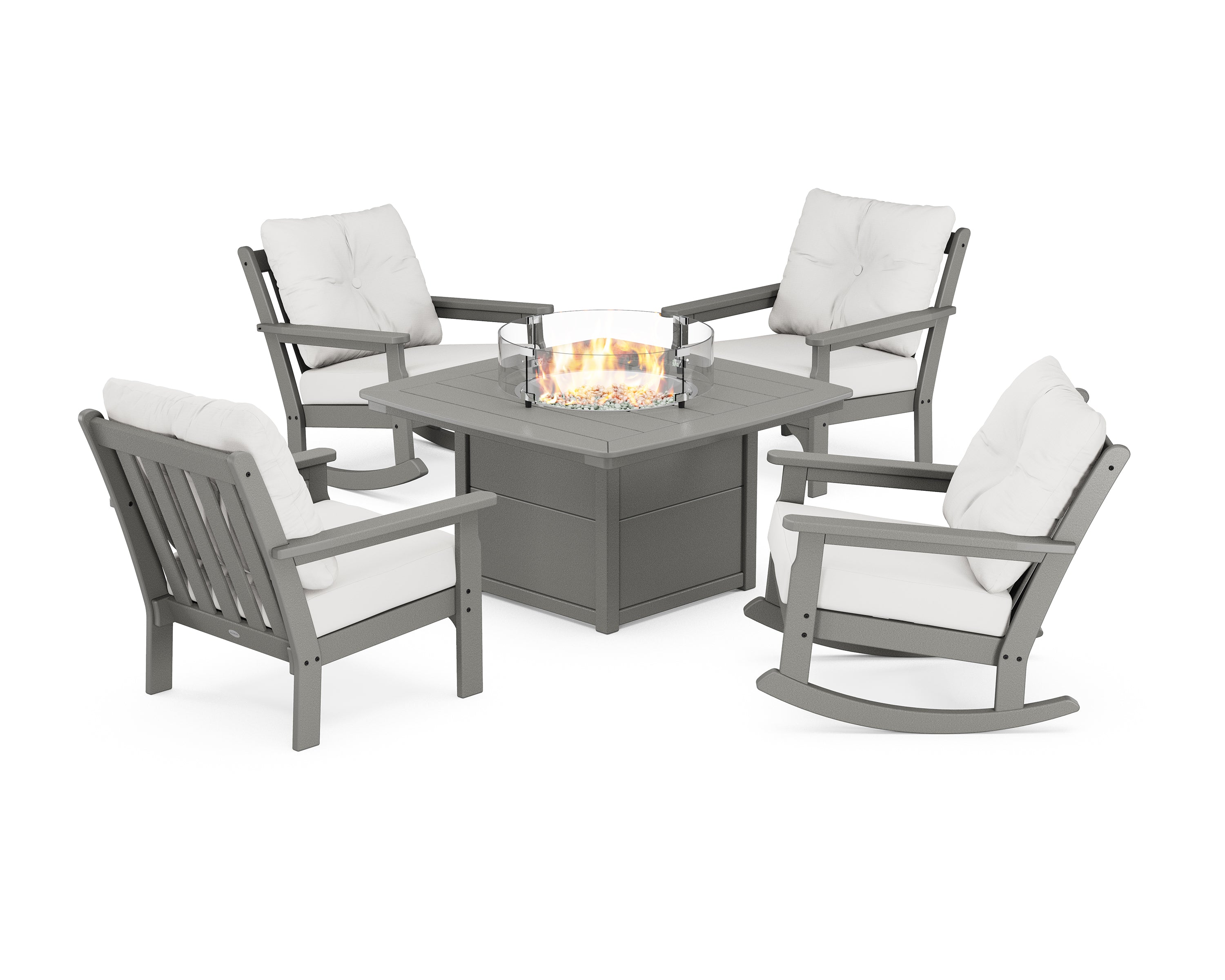 POLYWOOD® Vineyard 5-Piece Deep Seating Rocking Chair Conversation Set with Fire Pit Table in Slate Grey / Natural Linen