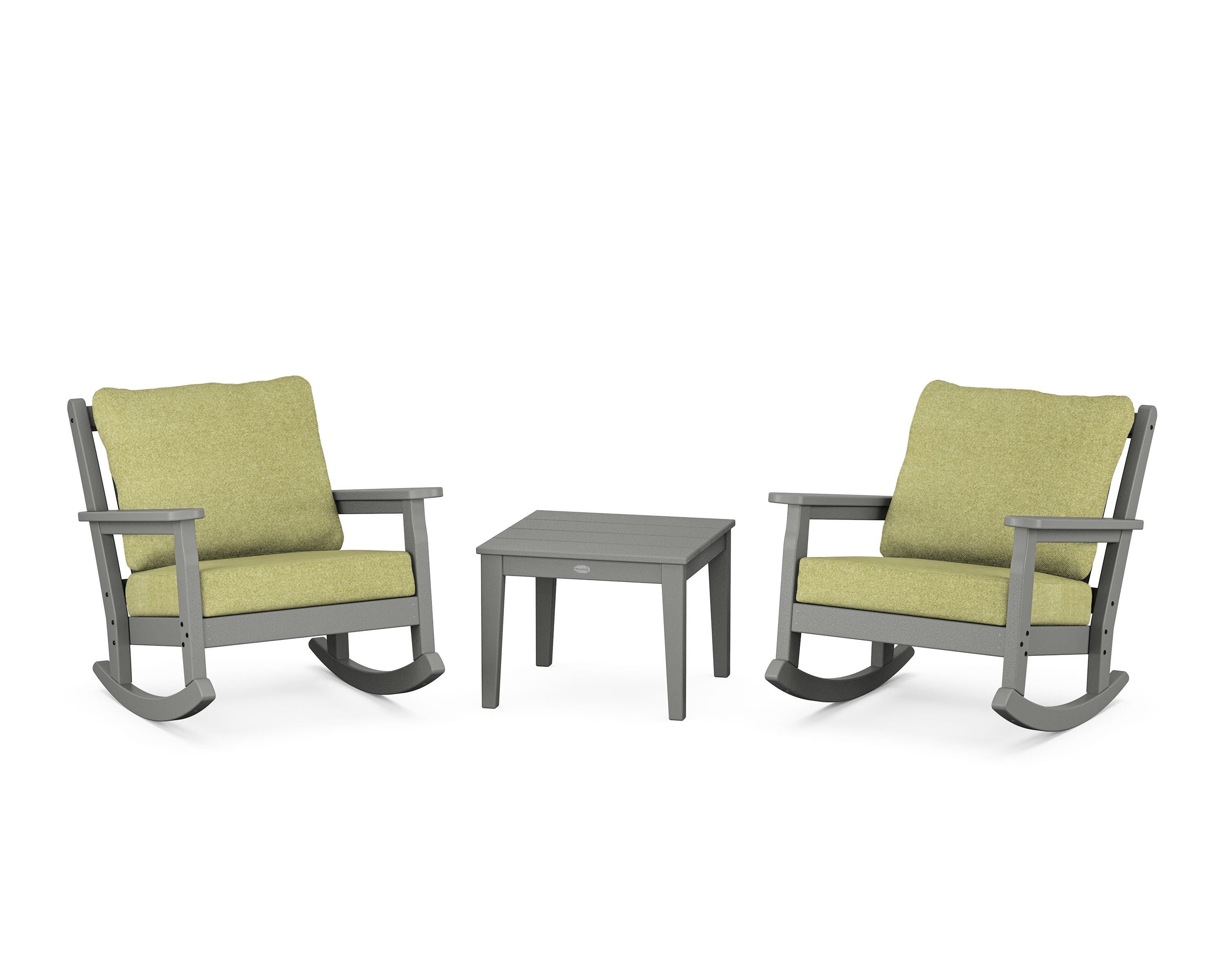 POLYWOOD® Chippendale 3-Piece Deep Seating Rocker Set in Slate Grey / Chartreuse Boucle