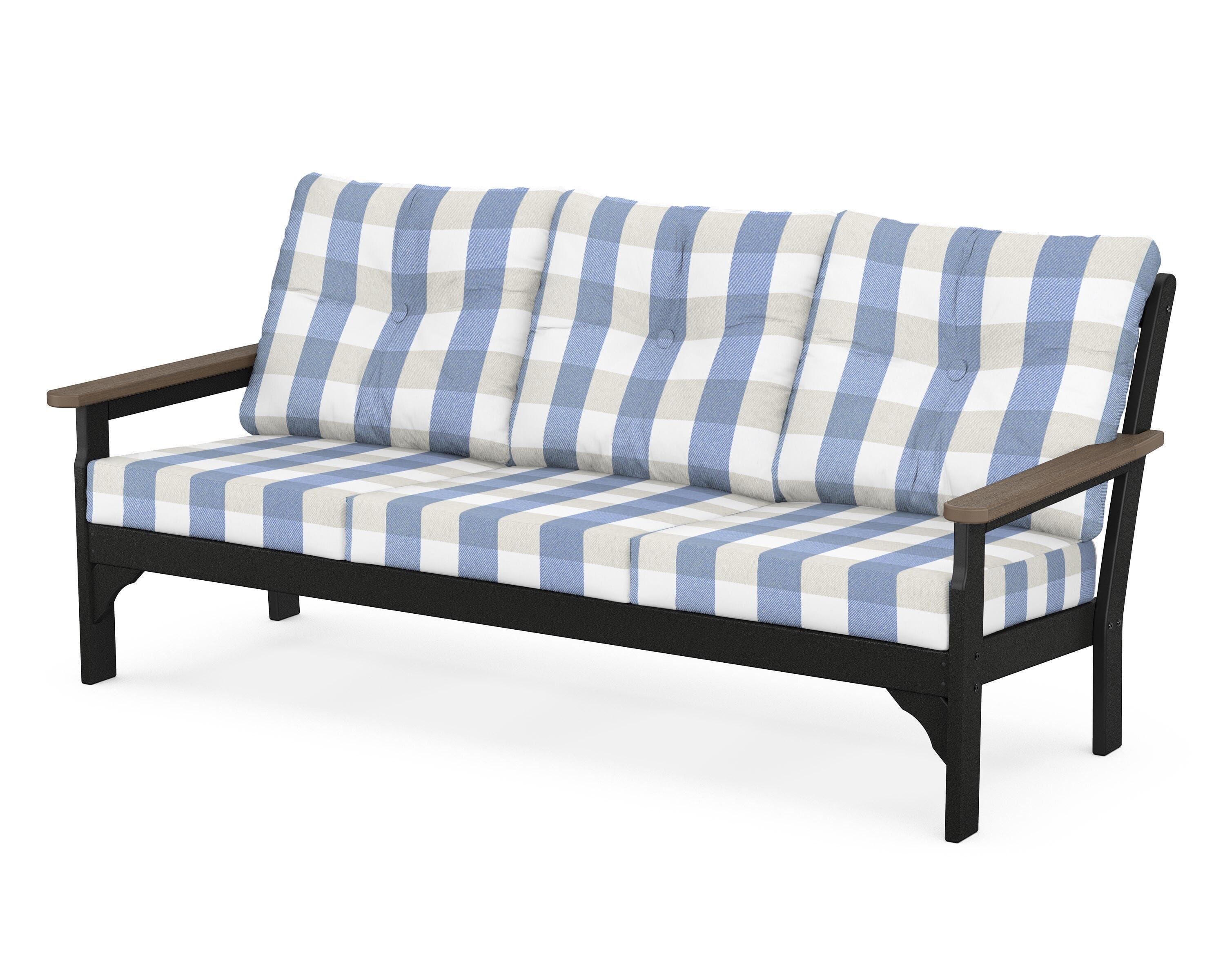 POLYWOOD® Vineyard Deep Seating Sofa in Black / Kona / Buffalo Plaid Sky Blue