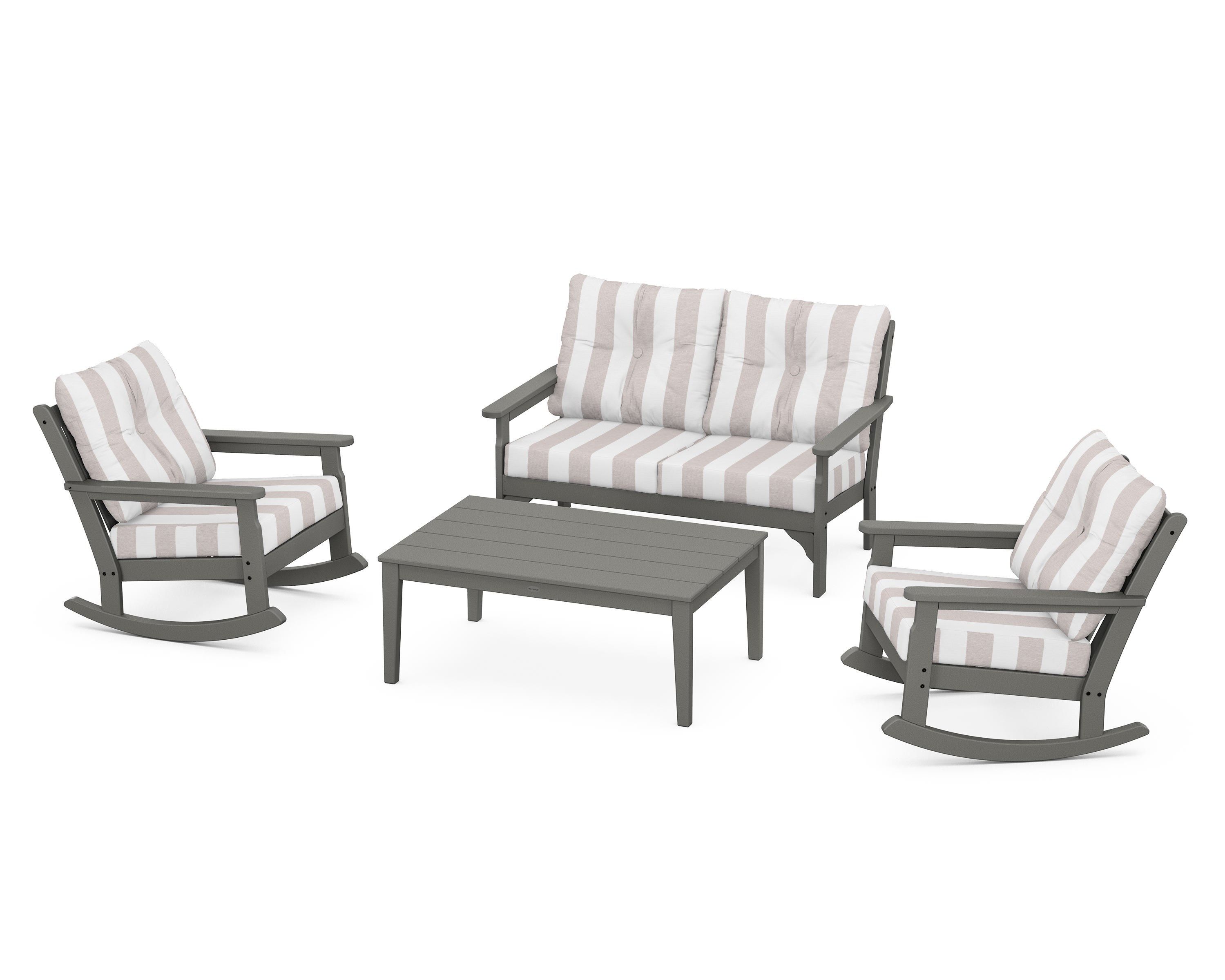 POLYWOOD® Vineyard 4-Piece Deep Seating Rocking Chair Set in Slate Grey / Cabana Stripe Dune Burlap