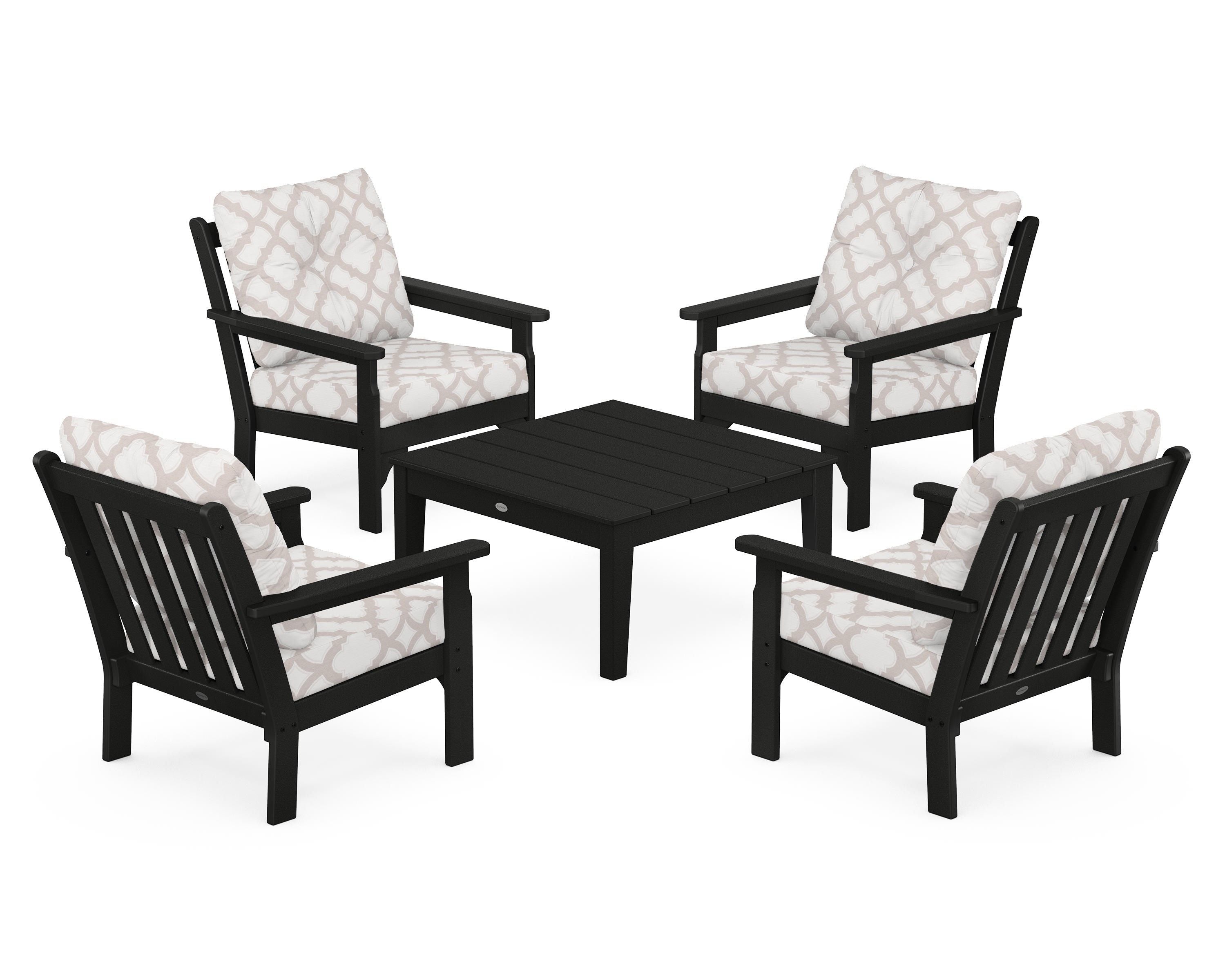 POLYWOOD® Vineyard 5-Piece Deep Seating Conversation Set in Black / Trellis Dune Burlap