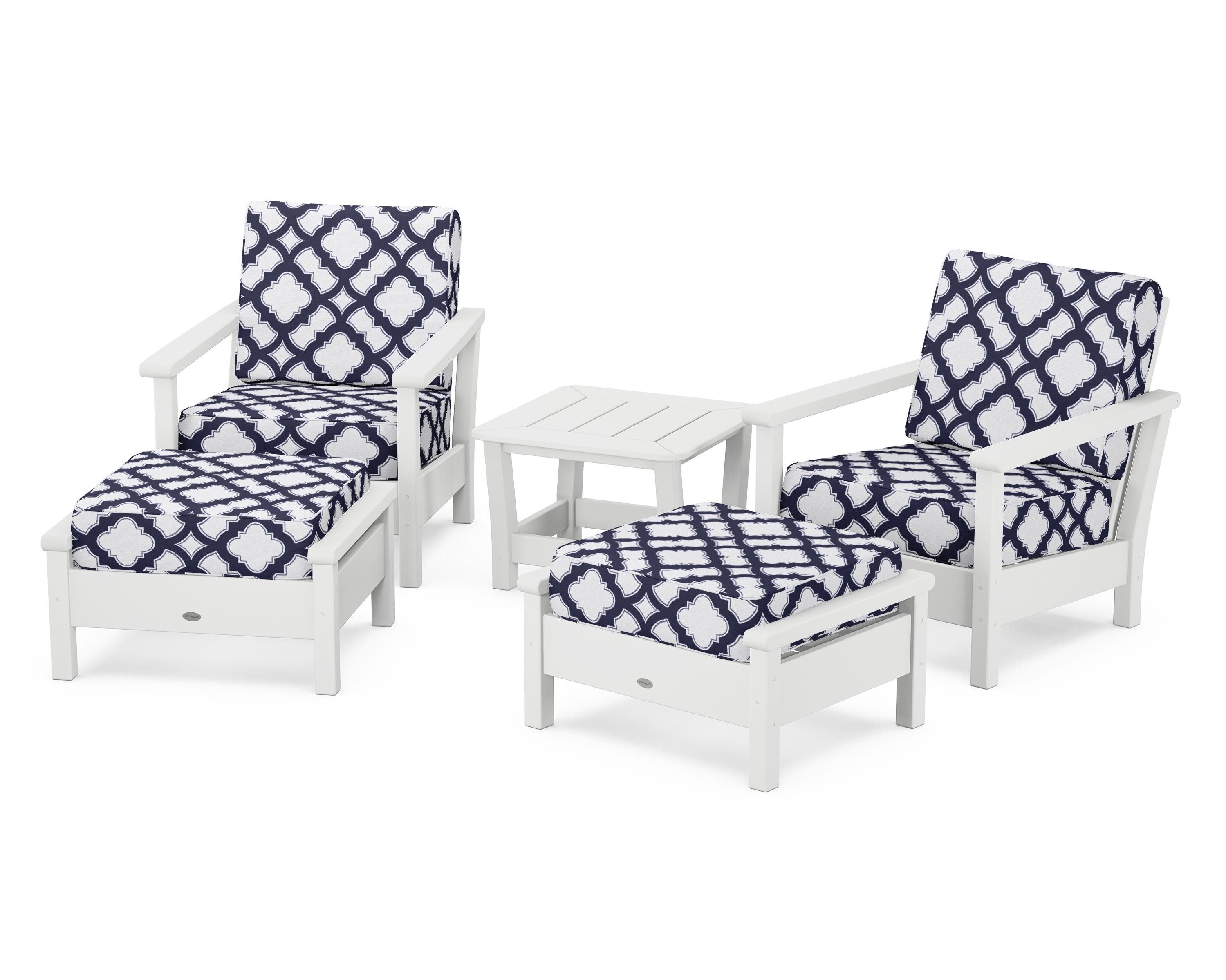POLYWOOD® Harbour 5-Piece Deep Seating Chair Set in White / Trellis Navy