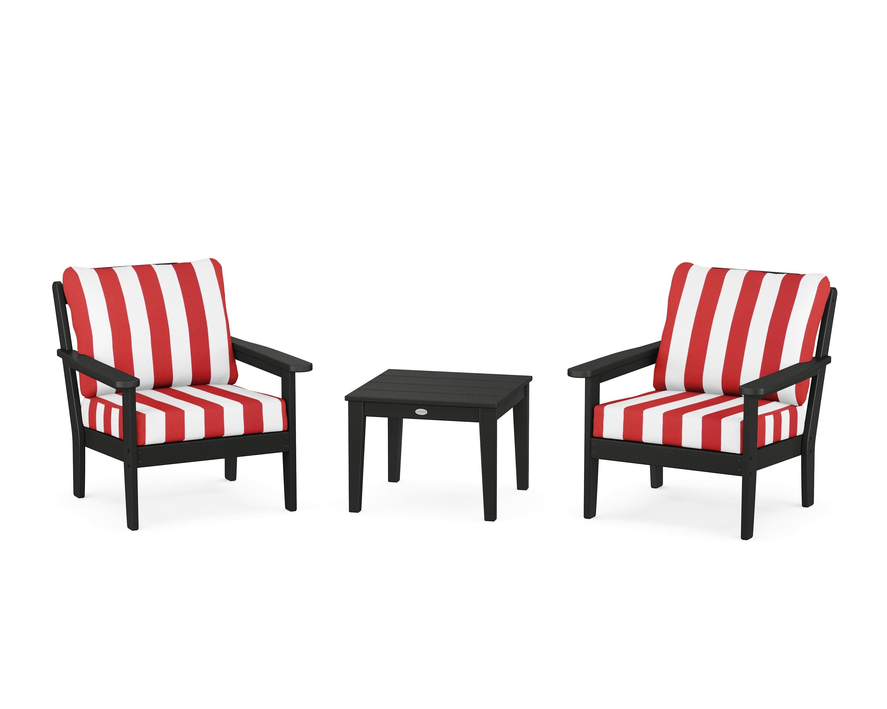 Country Living Cottage 3-Piece Deep Seating Set in Black / Cabana Stripe Crimson