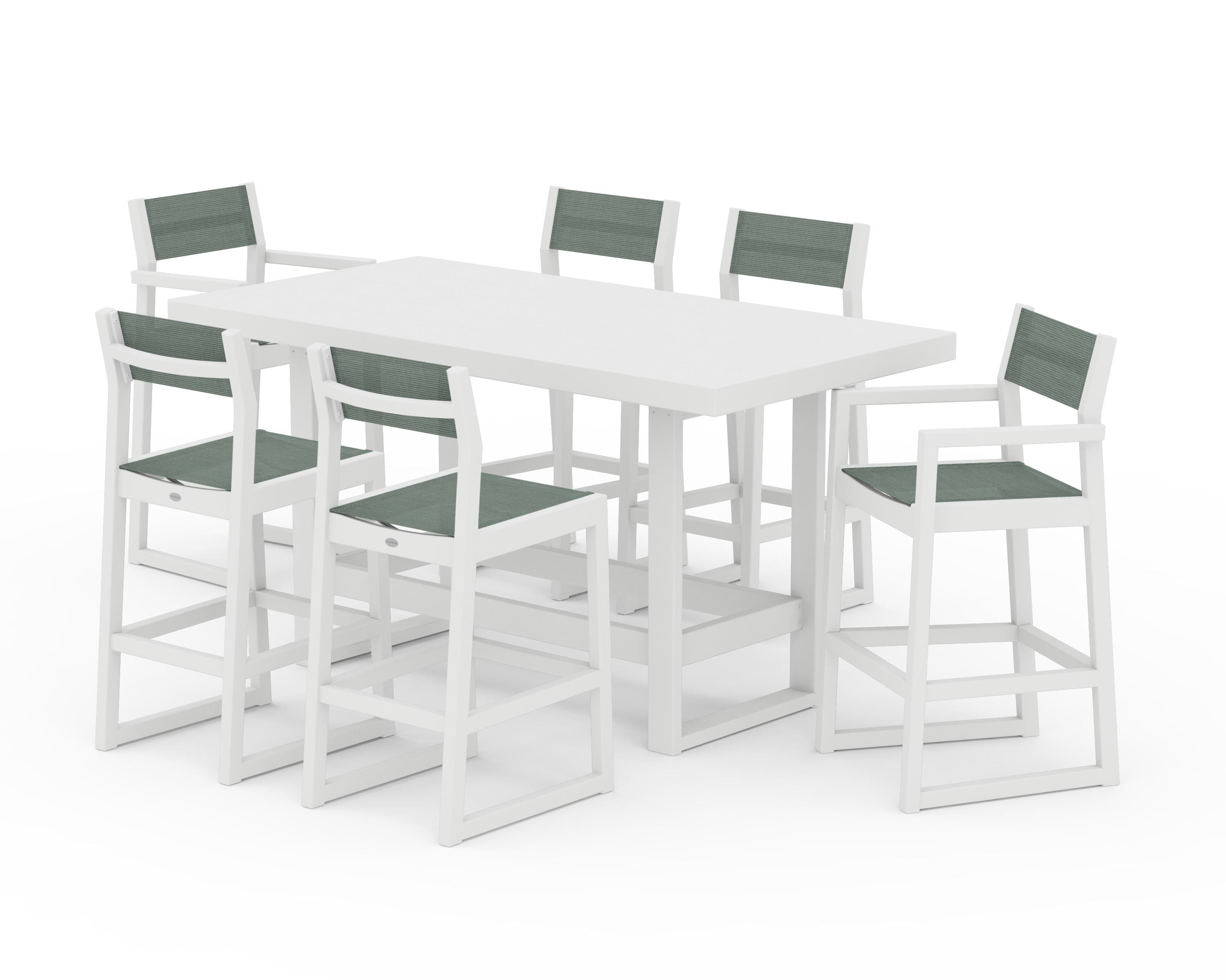 POLYWOOD® EDGE Sling 7-Piece Bar Table Set in White / Dupioni Sea Mist Sling