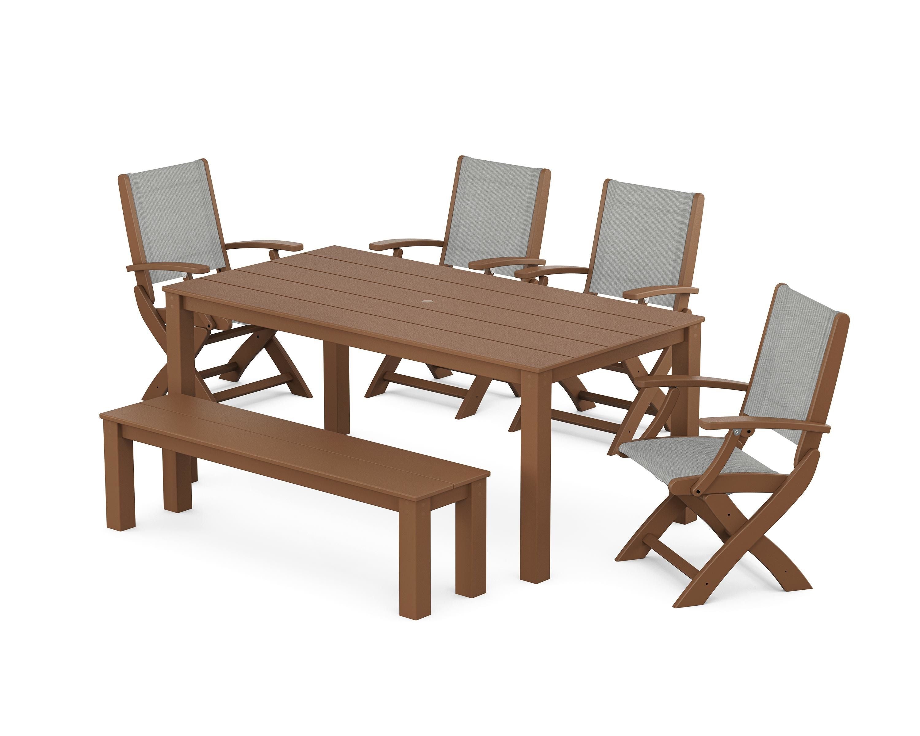 POLYWOOD® Coastal Folding Chair 6-Piece Parsons Dining Set with Bench in Teak / Metallic Sling