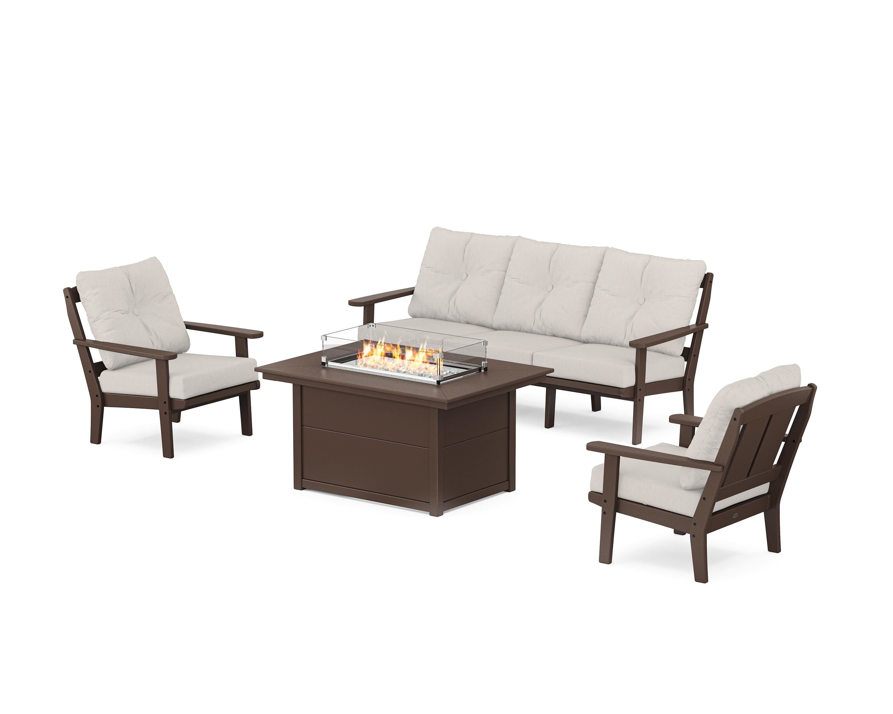 POLYWOOD® Mission Deep Seating Fire Pit Table Set in Mahogany / Cast Ash