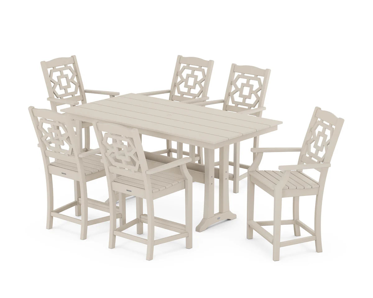 Chinoiserie Arm Chair 7-Piece Farmhouse Counter Set with Trestle Legs