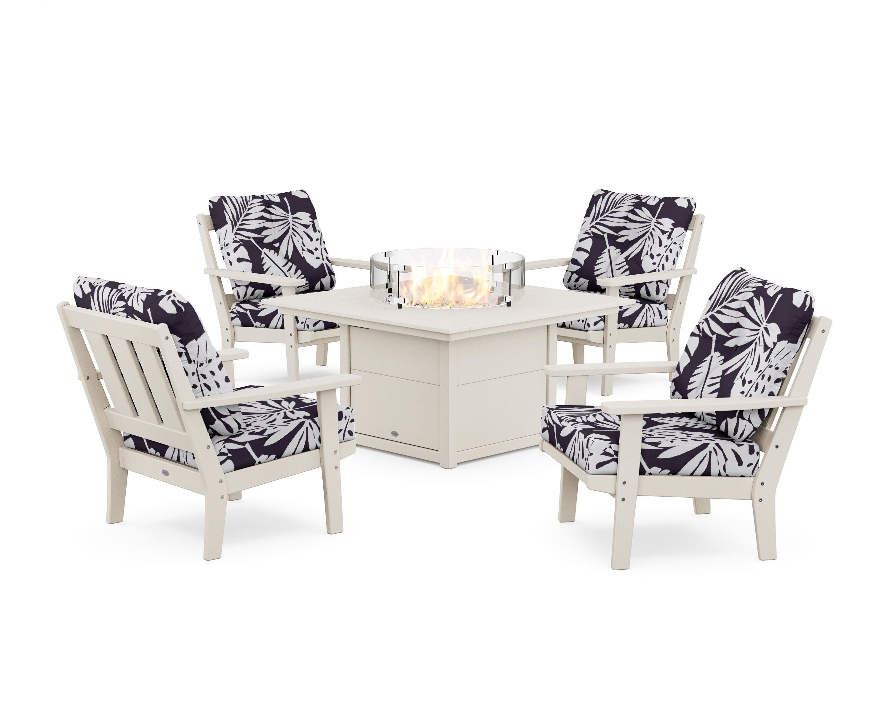 POLYWOOD® Oxford 5-Piece Deep Seating Set with Fire Pit Table in Sand / Leaf Navy