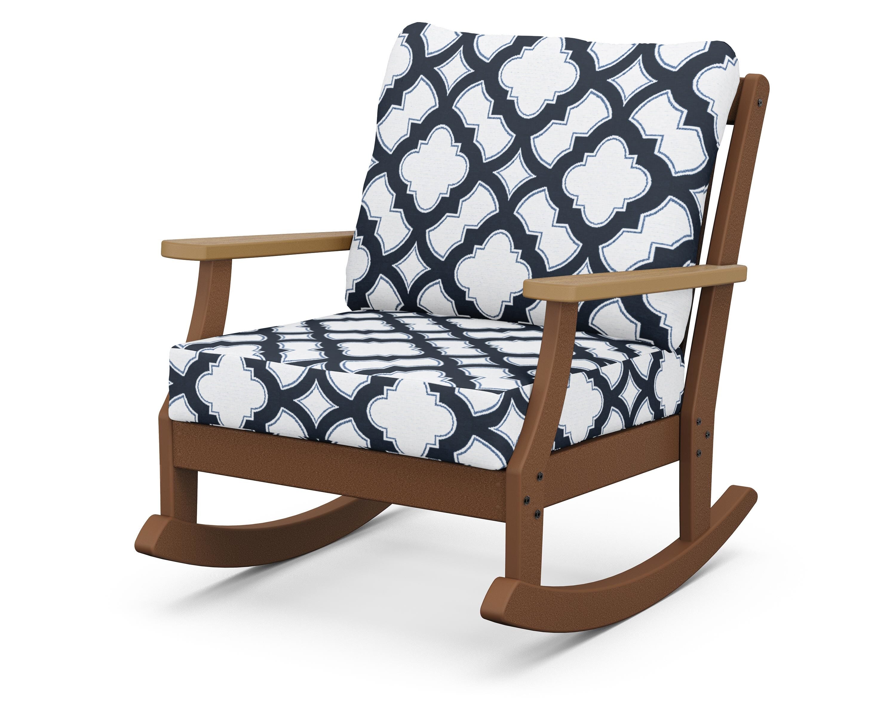POLYWOOD® Braxton Deep Seating Rocking Chair in Teak / Natural / Trellis Marine Indigo