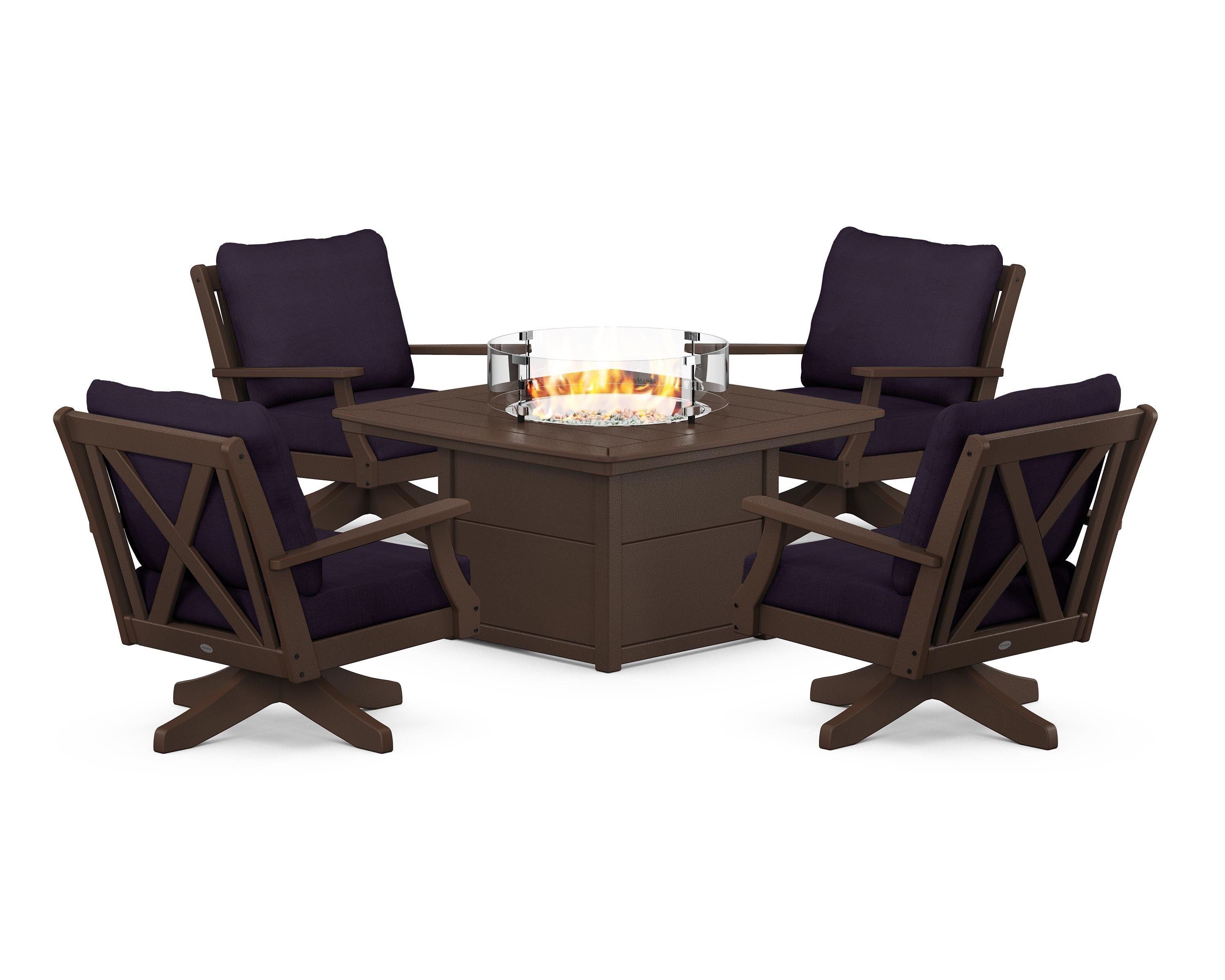 POLYWOOD® Braxton 5-Piece Deep Seating Swivel Conversation Set with Fire Pit Table in Mahogany / Navy Linen