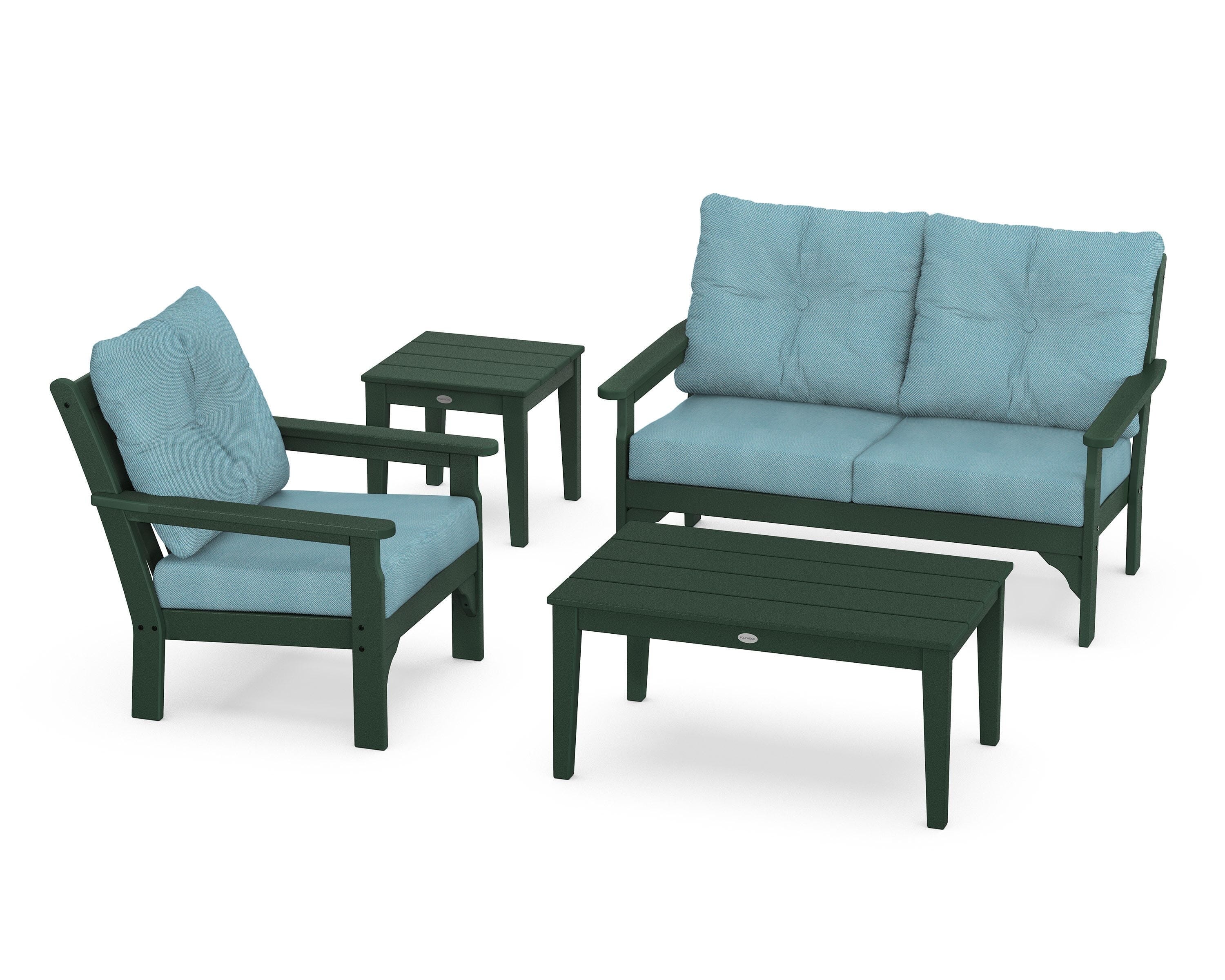 POLYWOOD® Vineyard 4-Piece Deep Seating Set in Green / Lattice Sky Blue