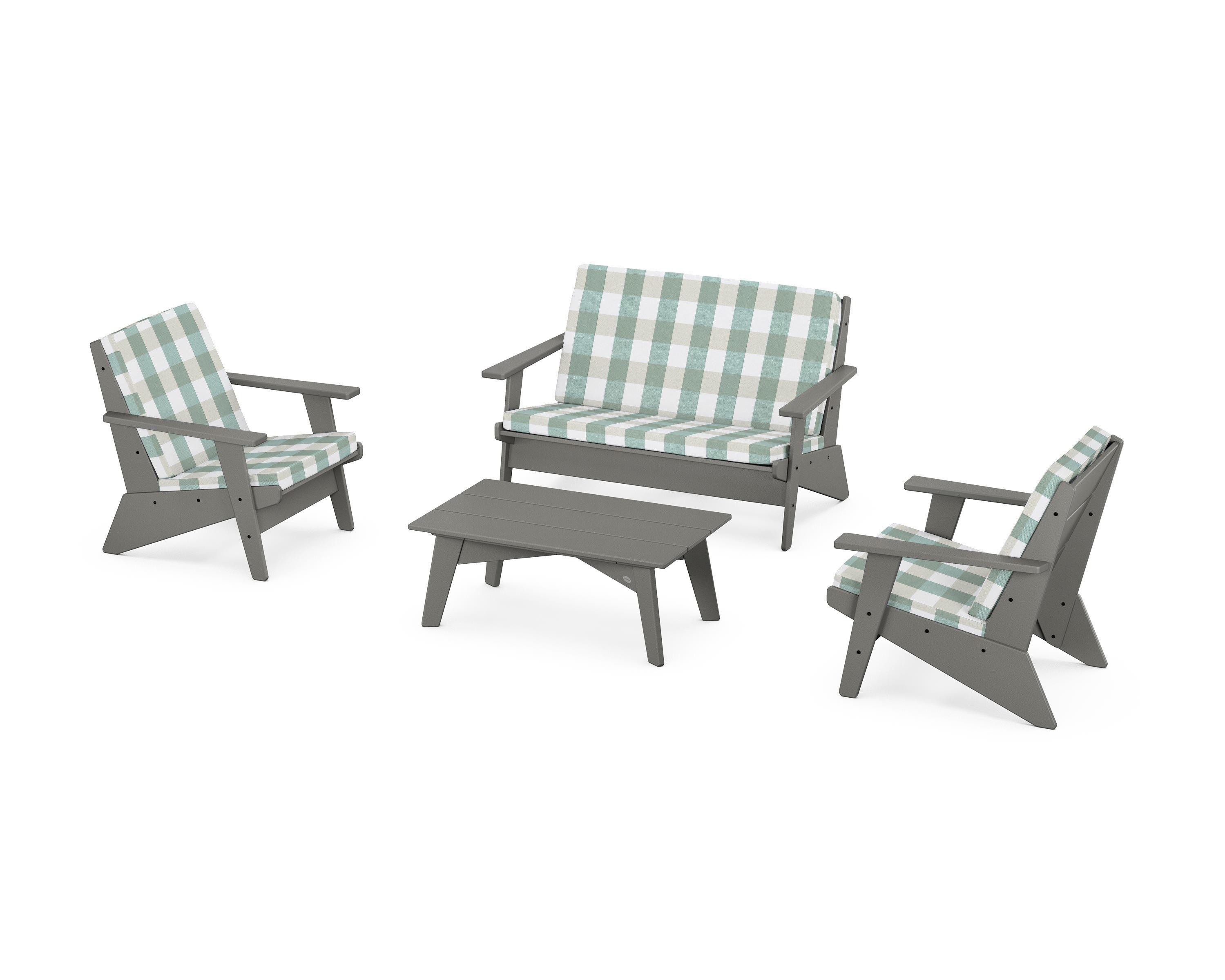 POLYWOOD® Riviera Modern Lounge 4-Piece Set in Slate Grey / Buffalo Plaid Glacier Spa