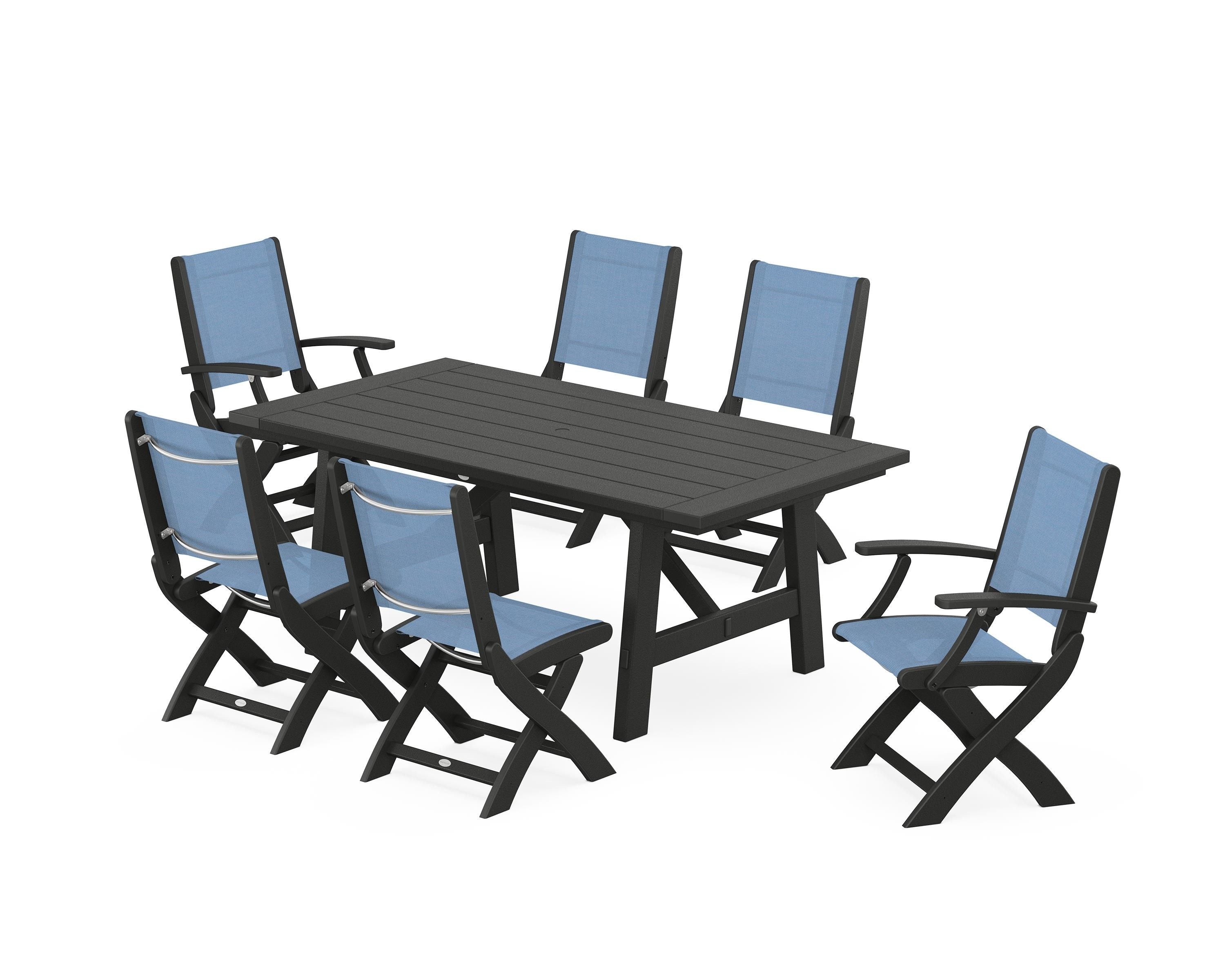 POLYWOOD® Coastal Folding Chair 7-Piece Rustic Farmhouse Dining Set in Black / Poolside Sling