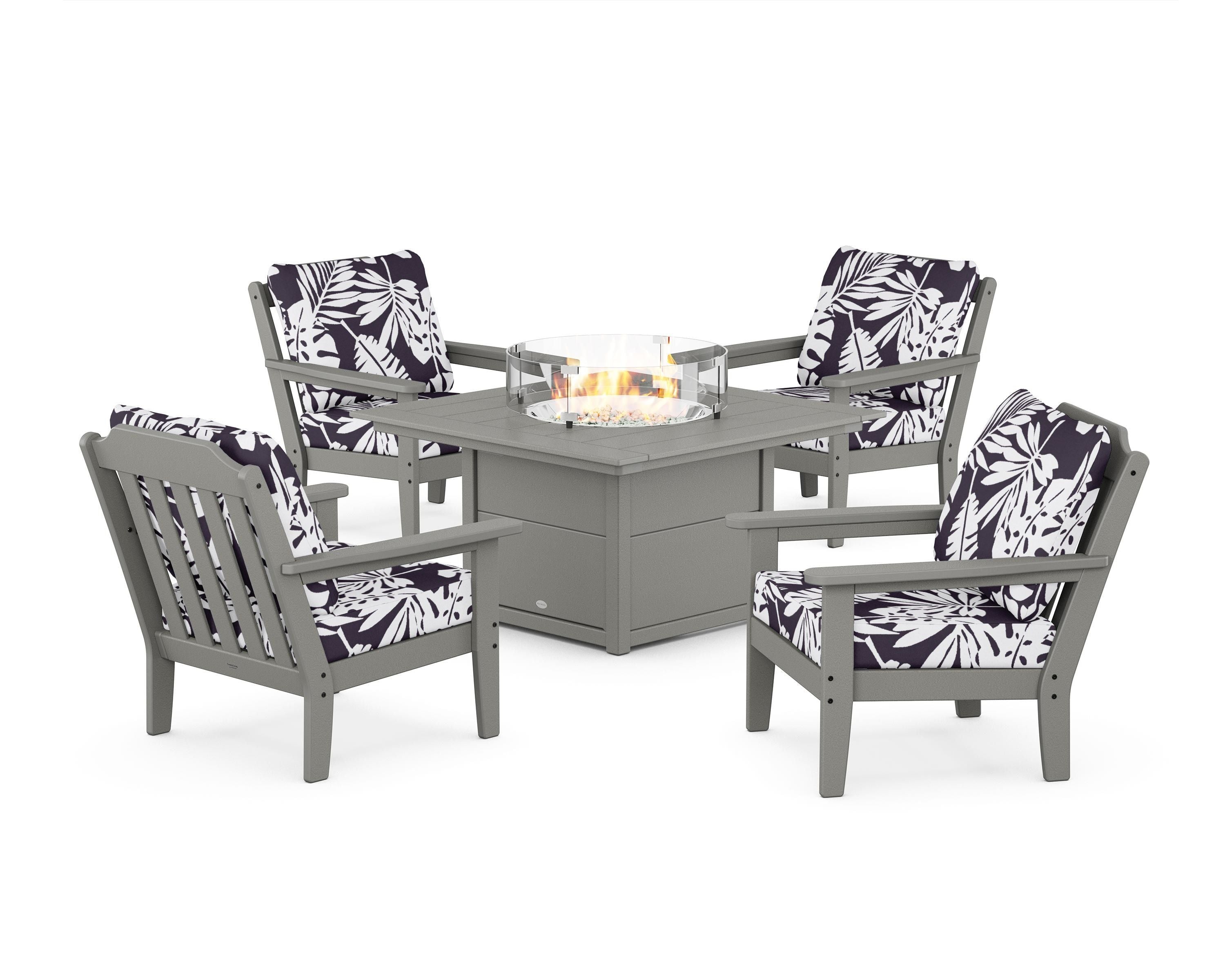 Country Living Cottage 5-Piece Deep Seating Set with Fire Pit Table in Slate Grey / Leaf Navy