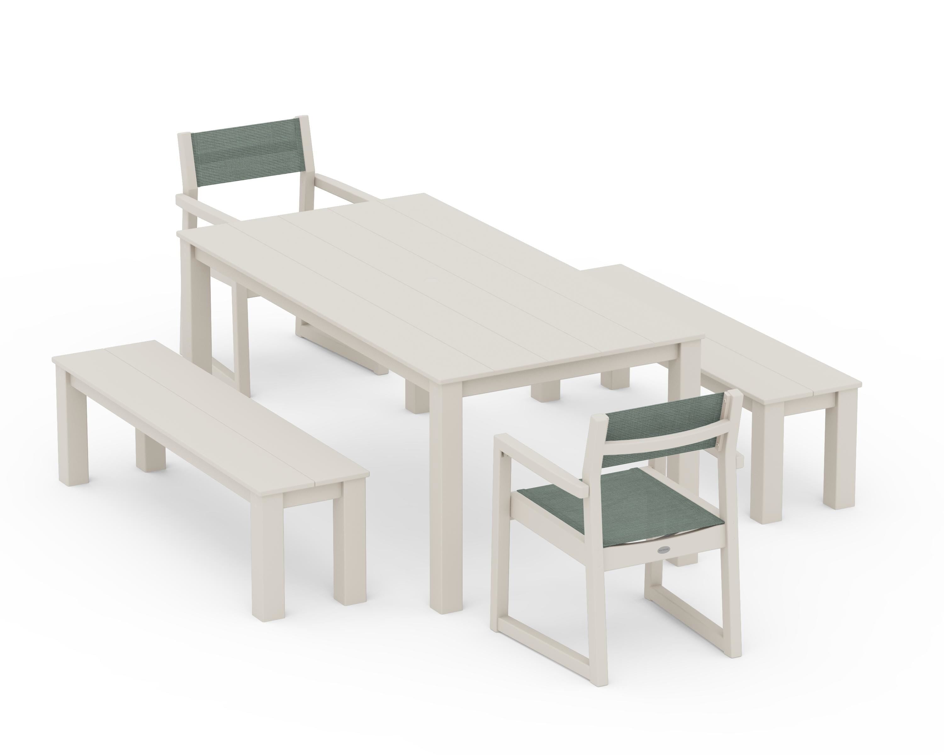 POLYWOOD® EDGE Sling Arm Chair 5-Piece Parsons Dining Set with Benches in Sand / Dupioni Sea Mist Sling