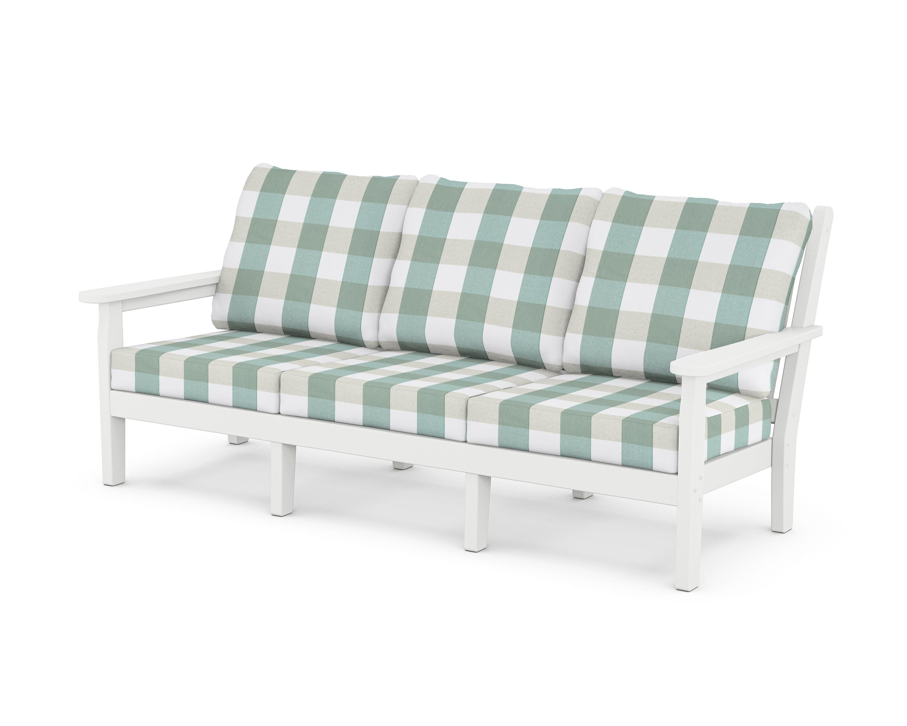 POLYWOOD® Chippendale Deep Seating Sofa in White / Buffalo Plaid Glacier Spa