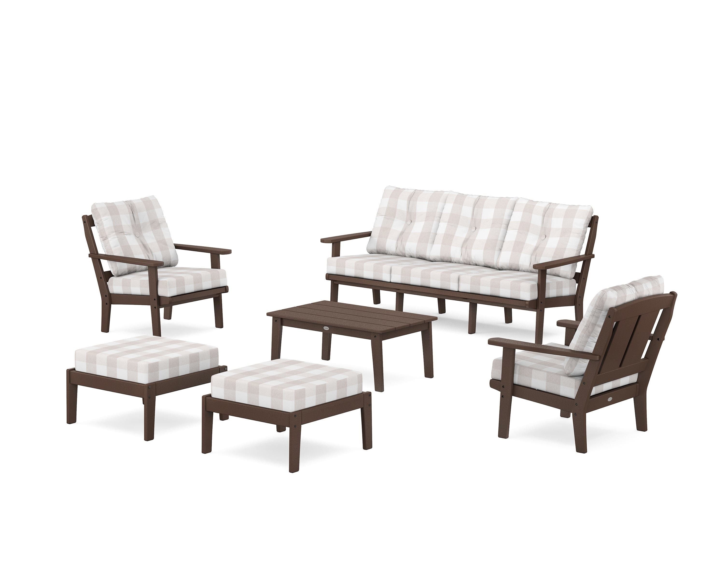 POLYWOOD® Mission 6-Piece Lounge Sofa Set in Mahogany / Buffalo Plaid Dune Burlap