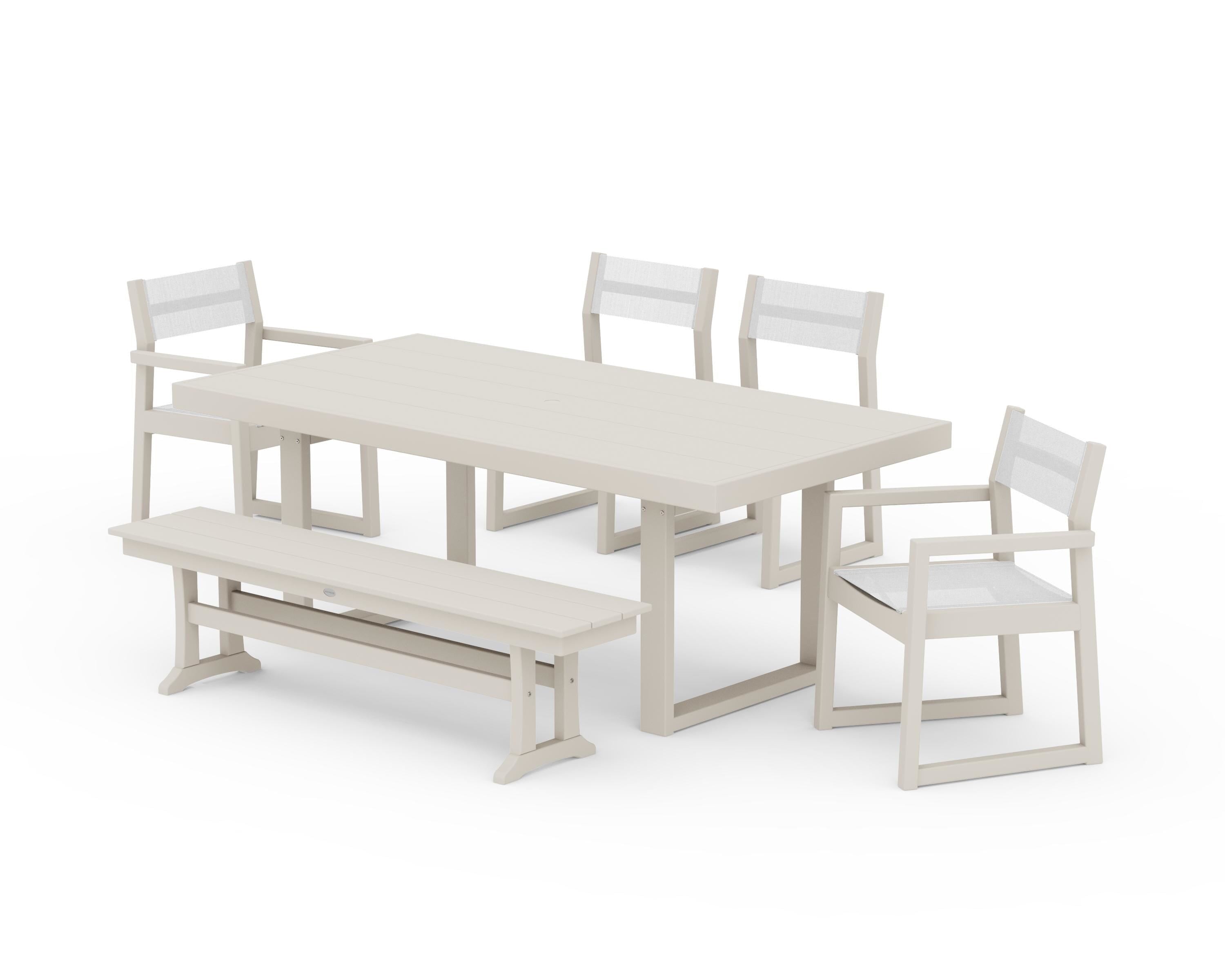 POLYWOOD® EDGE Sling 6-Piece Dining Set with Bench in Sand / White Sling