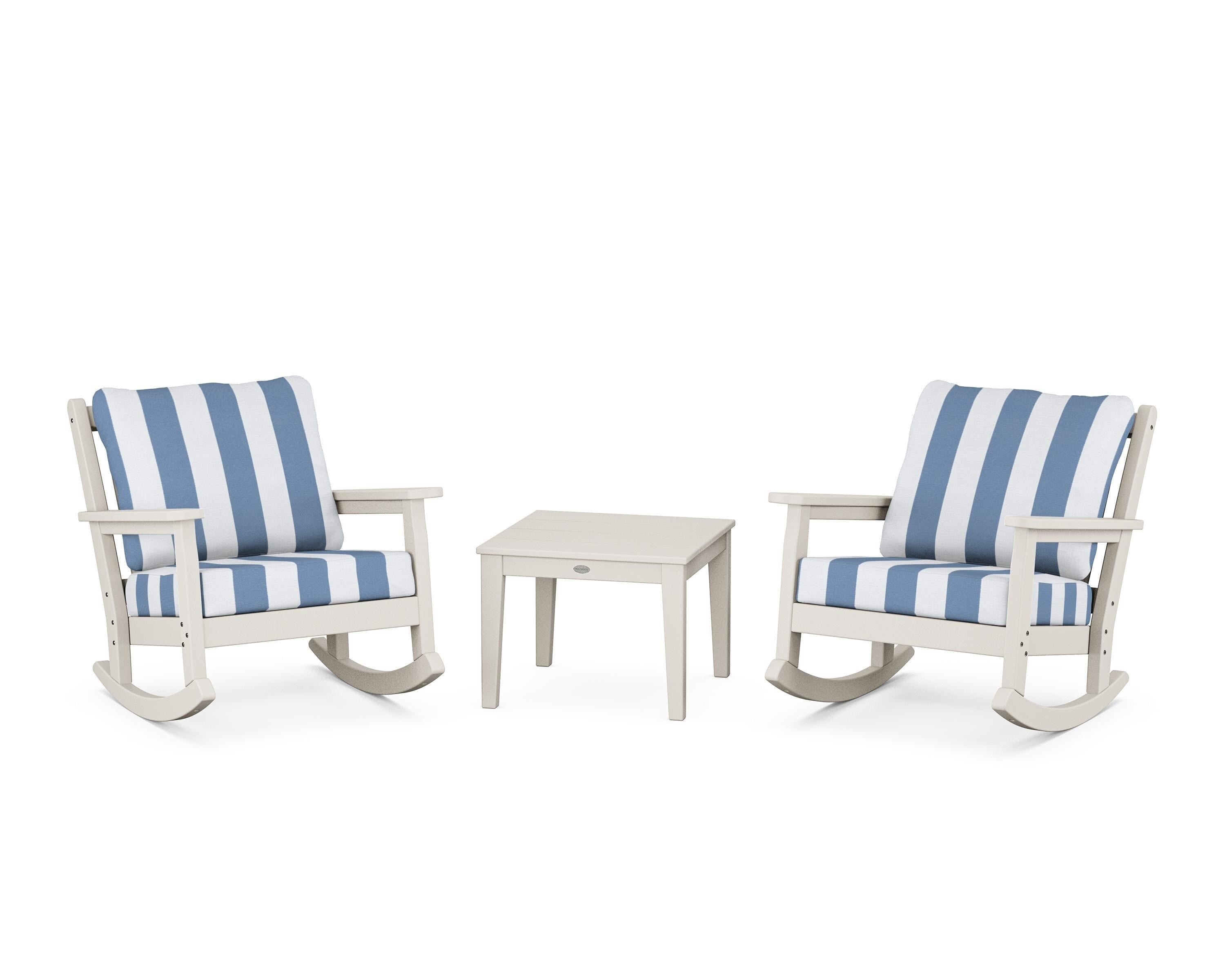 POLYWOOD® Chippendale 3-Piece Deep Seating Rocker Set in Sand / Cabana Stripe Sky Blue
