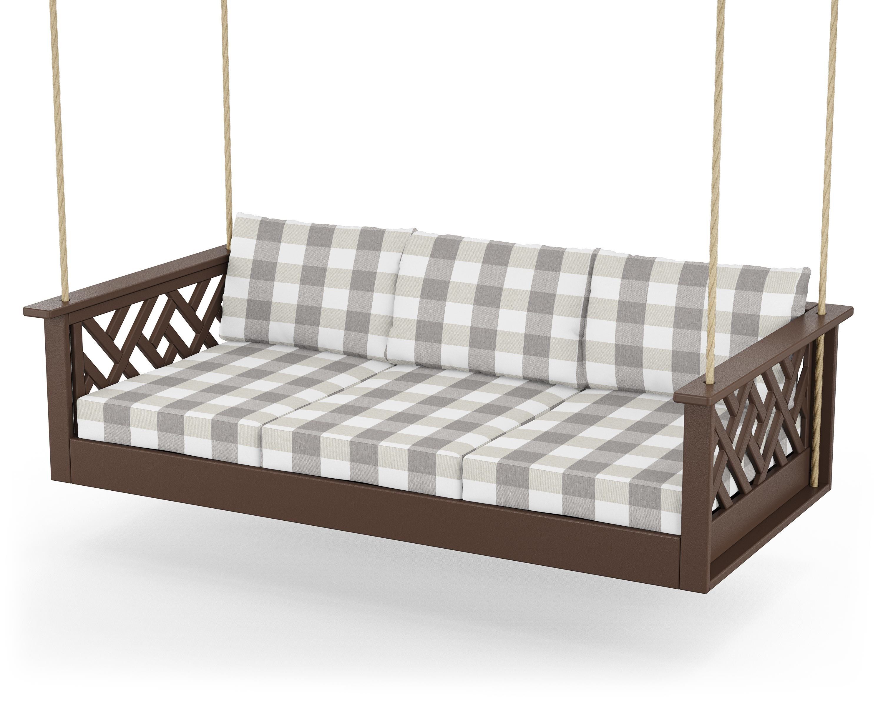 POLYWOOD® Chippendale Daybed Swing in Mahogany / Buffalo Plaid Grey Mist