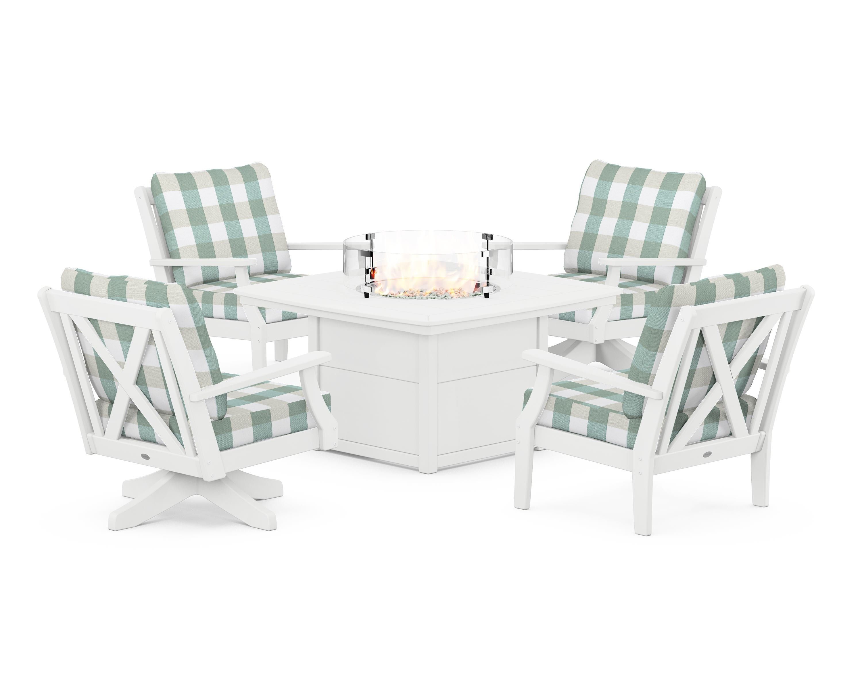POLYWOOD® Braxton 5-Piece Deep Seating Set with Fire Table in White / Buffalo Plaid Glacier Spa