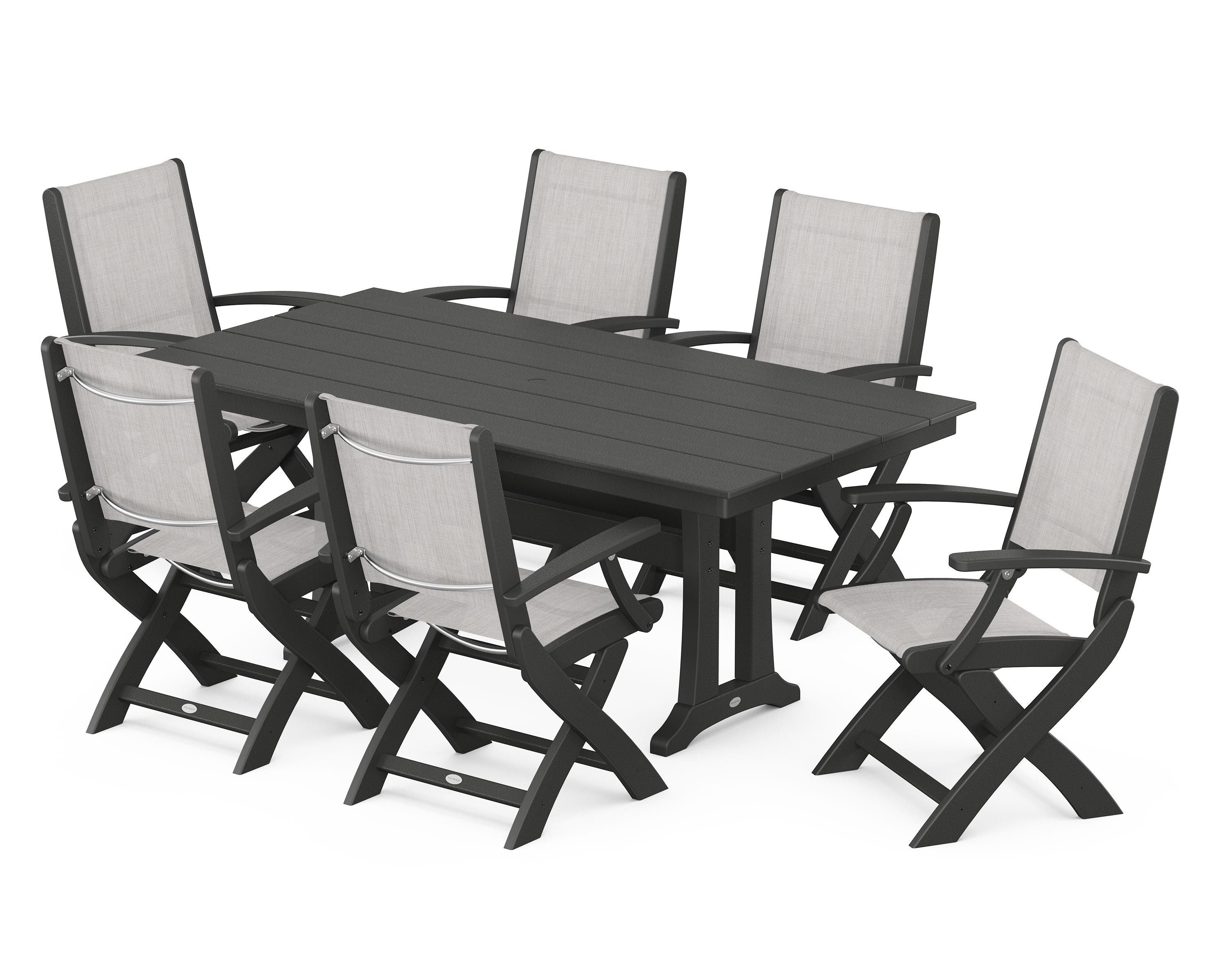 POLYWOOD® Coastal Folding Arm Chair 7-Piece Farmhouse Dining Set with Trestle Legs in Black / Parchment Sling