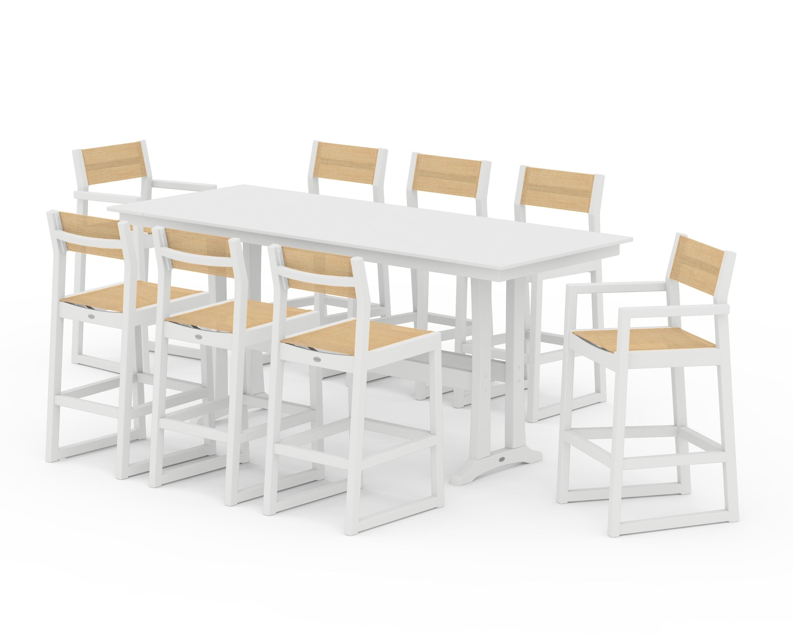 POLYWOOD® EDGE Sling 9-Piece Farmhouse Bar Set with Trestle Legs in White / Dupioni Apricot Sling