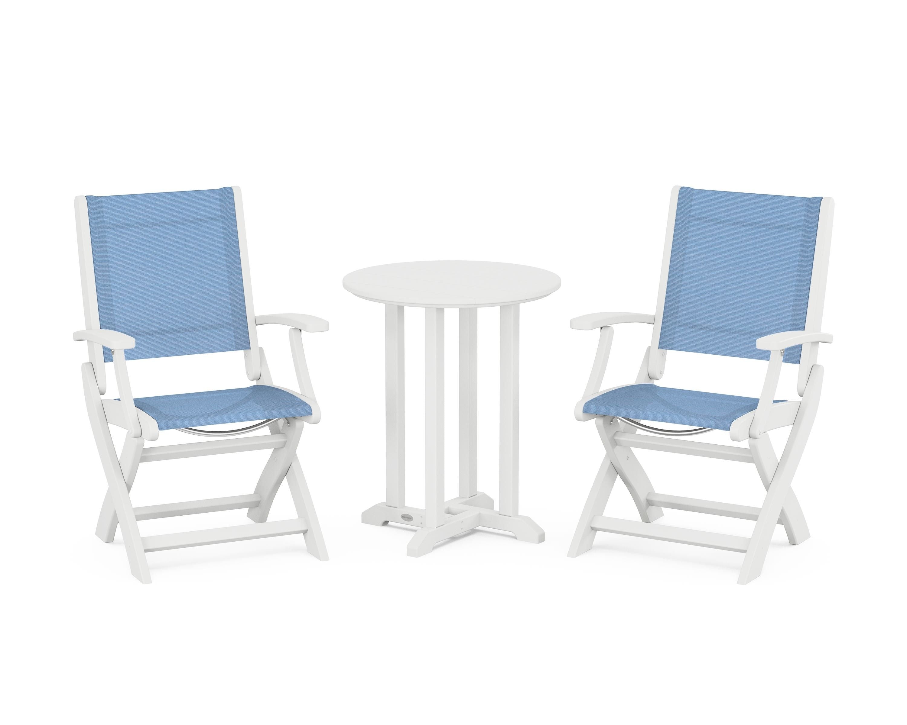 POLYWOOD® Coastal Folding 3-Piece Round Bistro Dining Set in White / Poolside Sling
