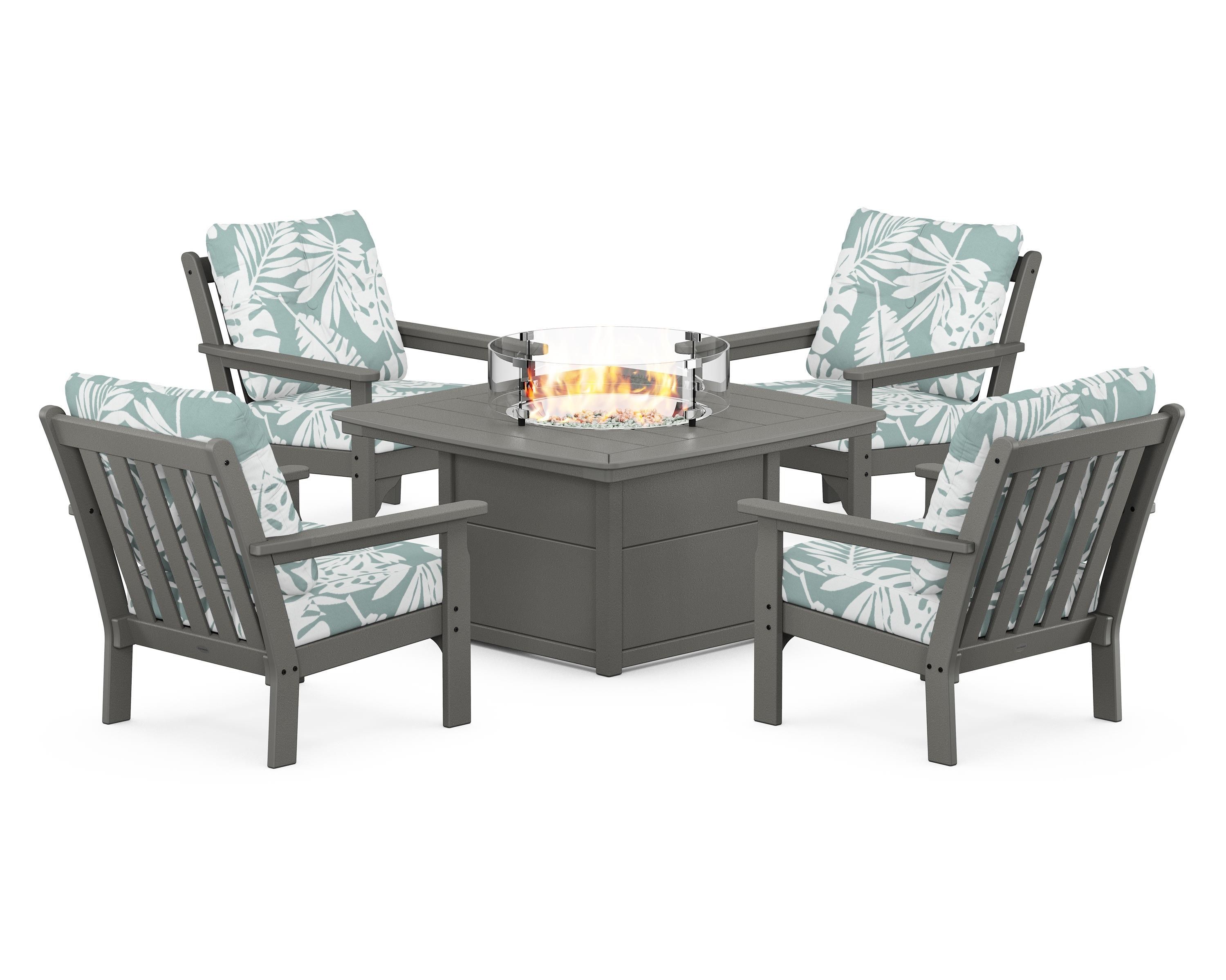 POLYWOOD® Vineyard 5-Piece Conversation Set with Fire Pit Table in Slate Grey / Leaf Glacier Spa