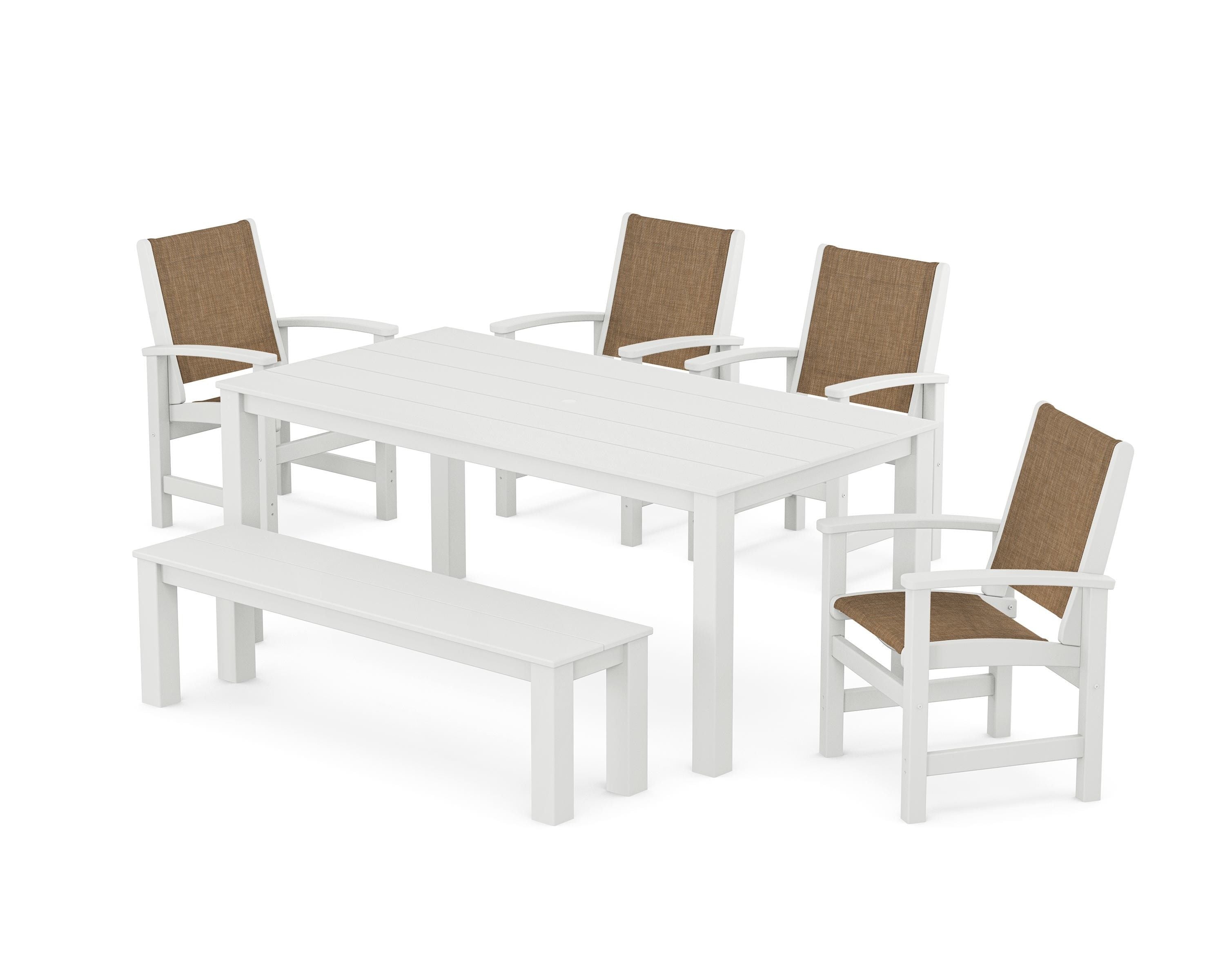 POLYWOOD® Coastal 6-Piece Parsons Dining Set with Bench in White / Burlap Sling
