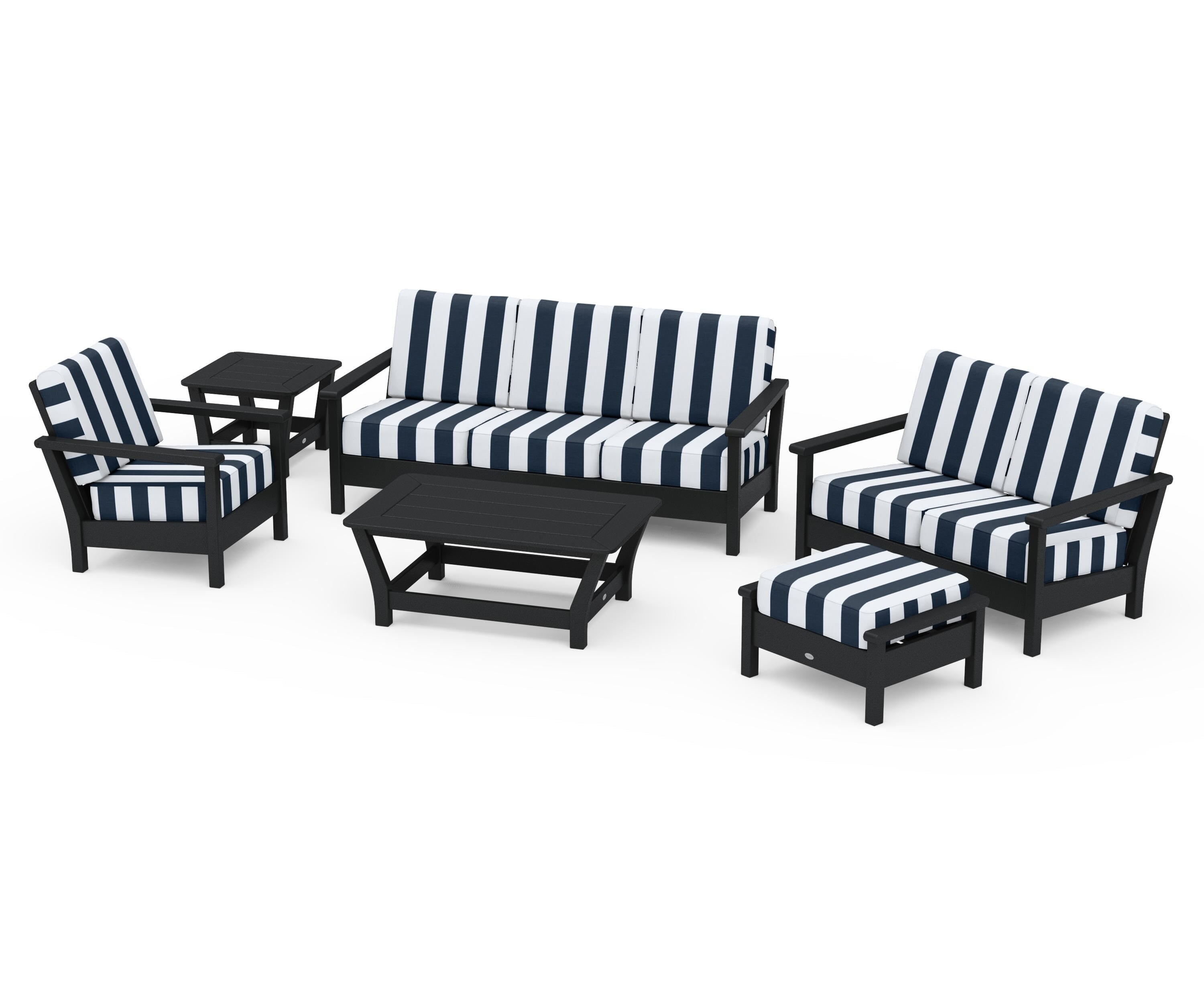 POLYWOOD® Harbour 6-Piece Outdoor Living Set in Black / Cabana Stripe Marine Indigo