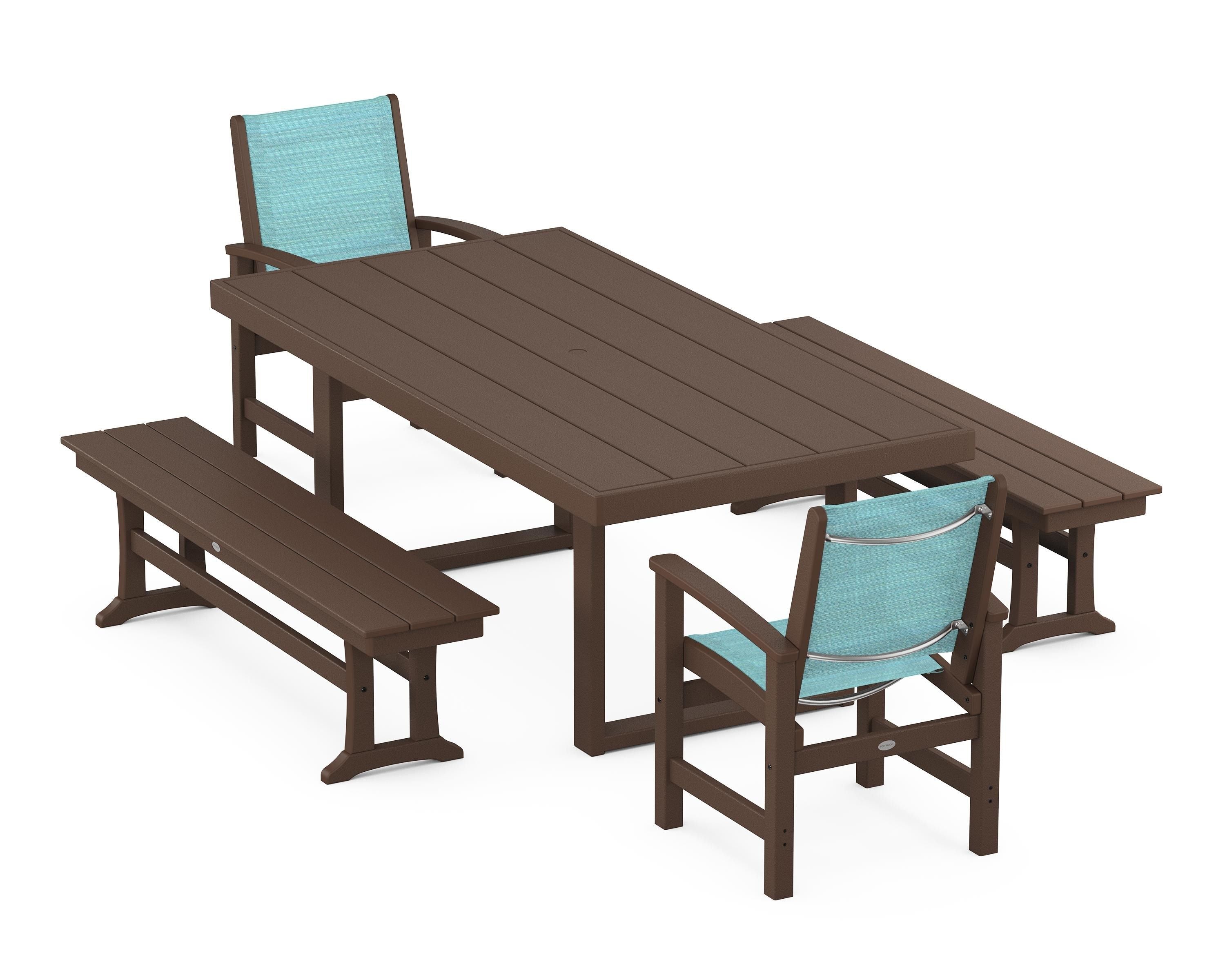 POLYWOOD® Coastal 5-Piece Dining Set with Trestle Legs in Mahogany / Dupioni Aquamarine Sling