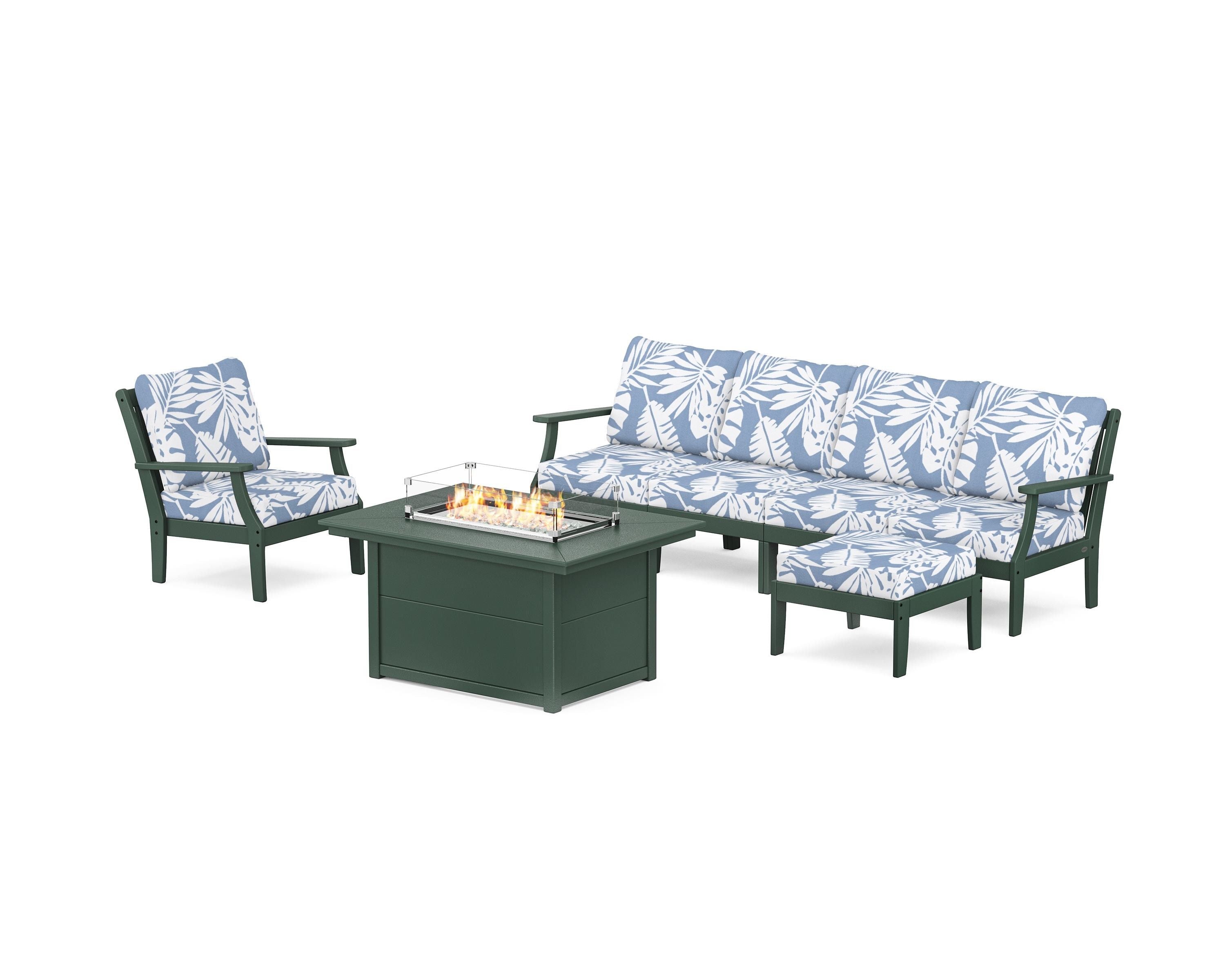 POLYWOOD® Braxton Sectional Lounge and Fire Pit Set in Green / Leaf Sky Blue