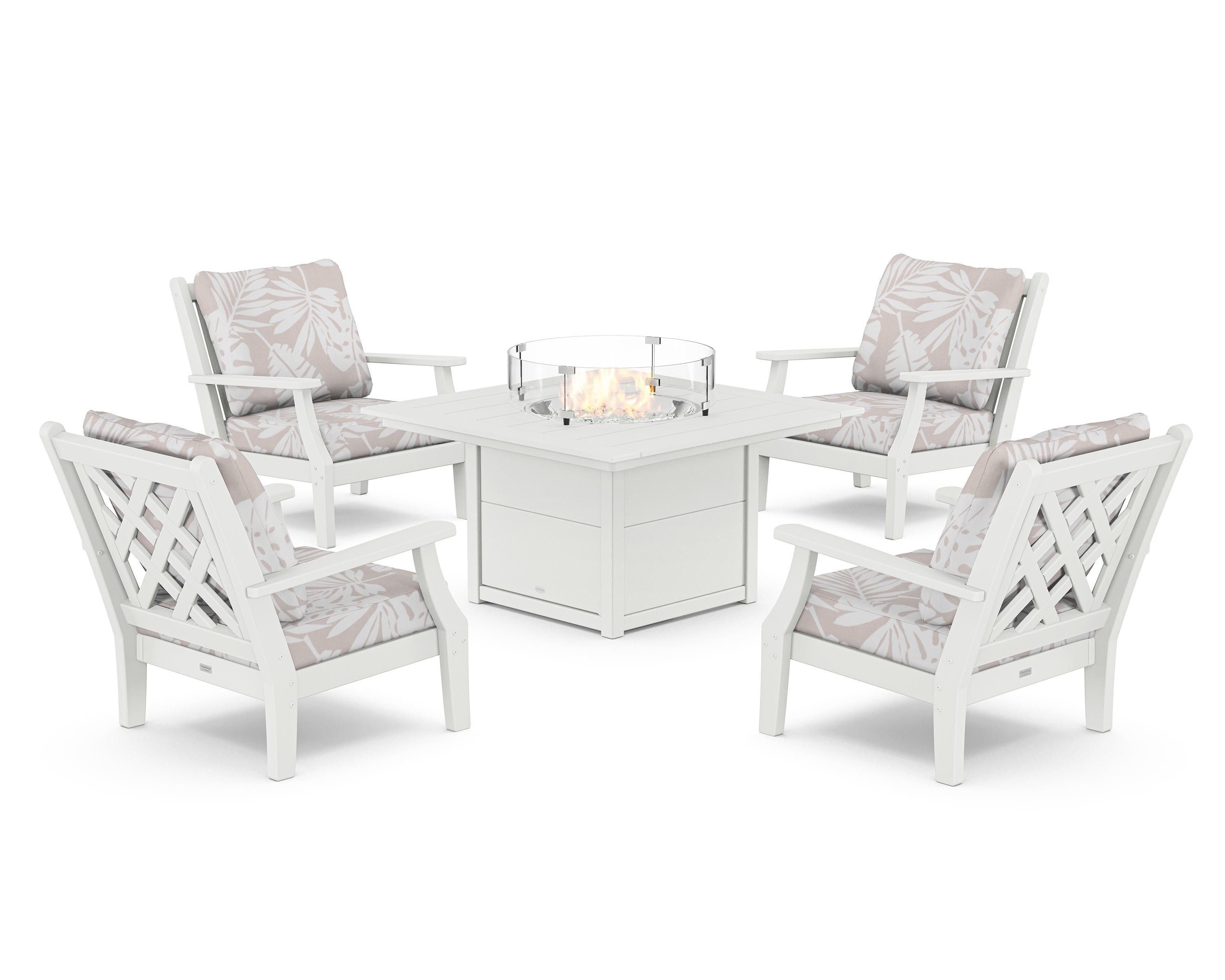 Country Living Wovendale 5-Piece Deep Seating Set with Fire Pit Table in White / Leaf Dune Burlap