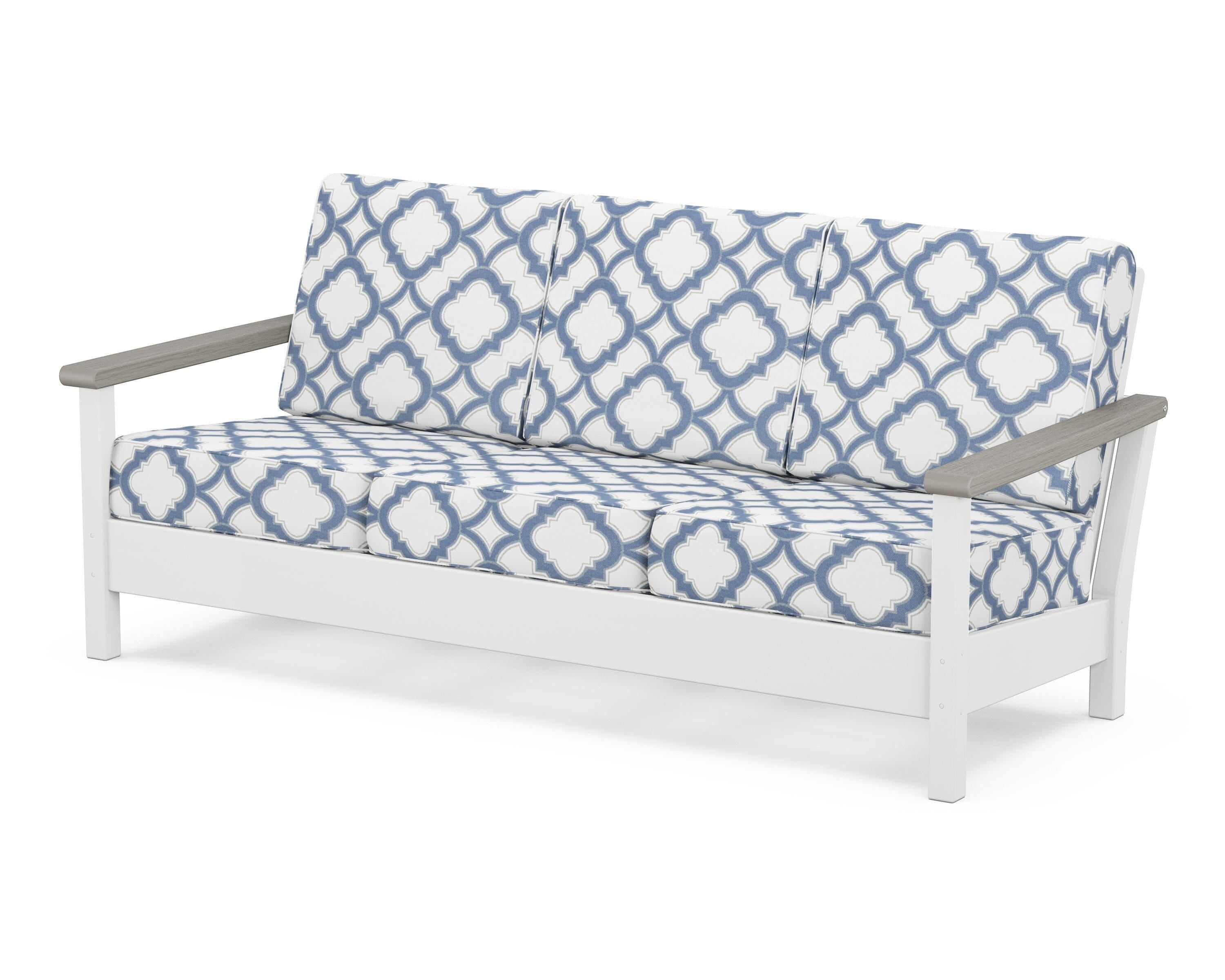 POLYWOOD® Harbour Deep Seating Sofa in White / Driftwood / Trellis Sky Blue