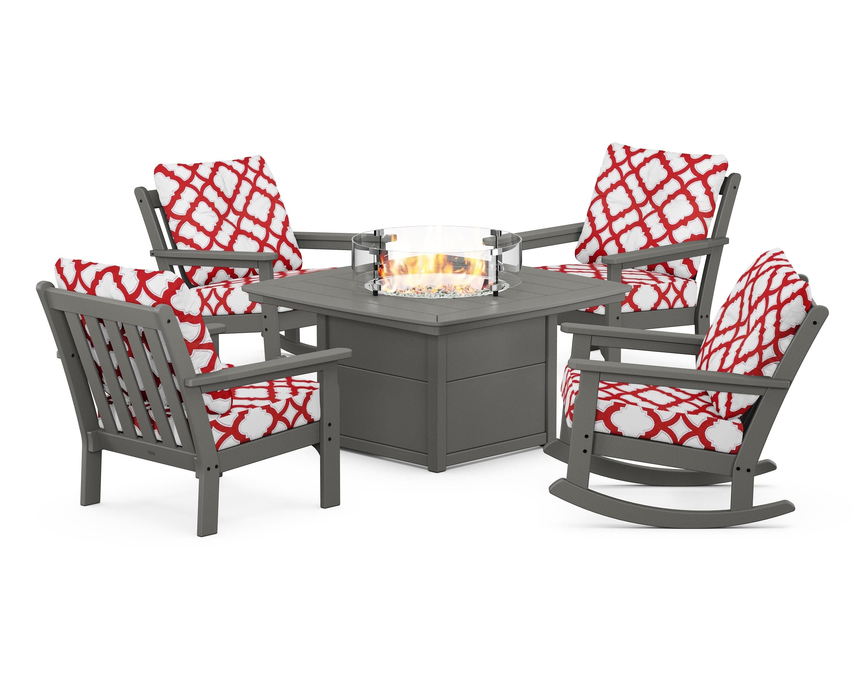 POLYWOOD® Vineyard 5-Piece Deep Seating Rocking Chair Conversation Set with Fire Pit Table in Slate Grey / Trellis Crimson