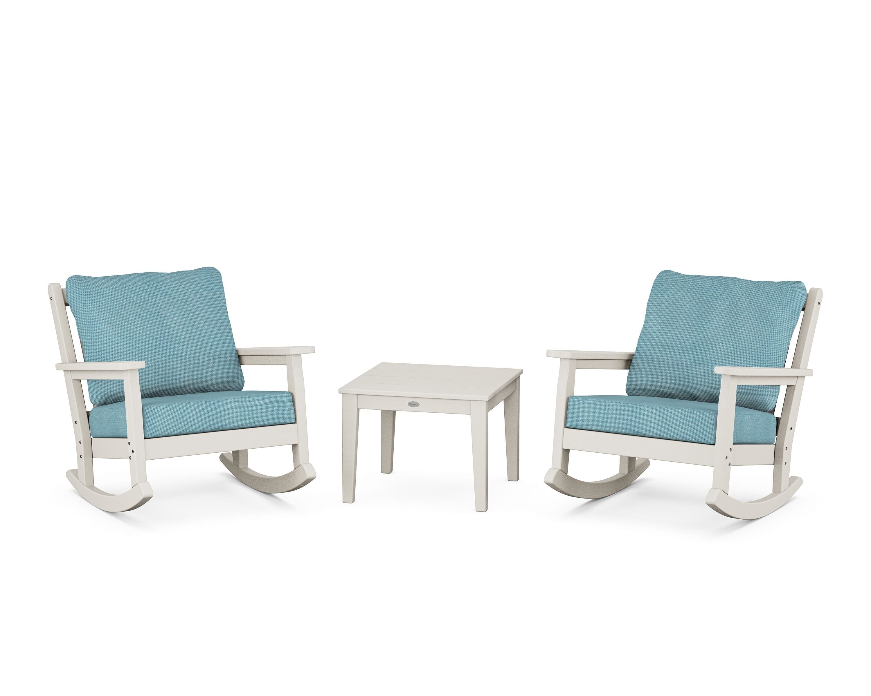 POLYWOOD® Chippendale 3-Piece Deep Seating Rocker Set in Sand / Lattice Sky Blue