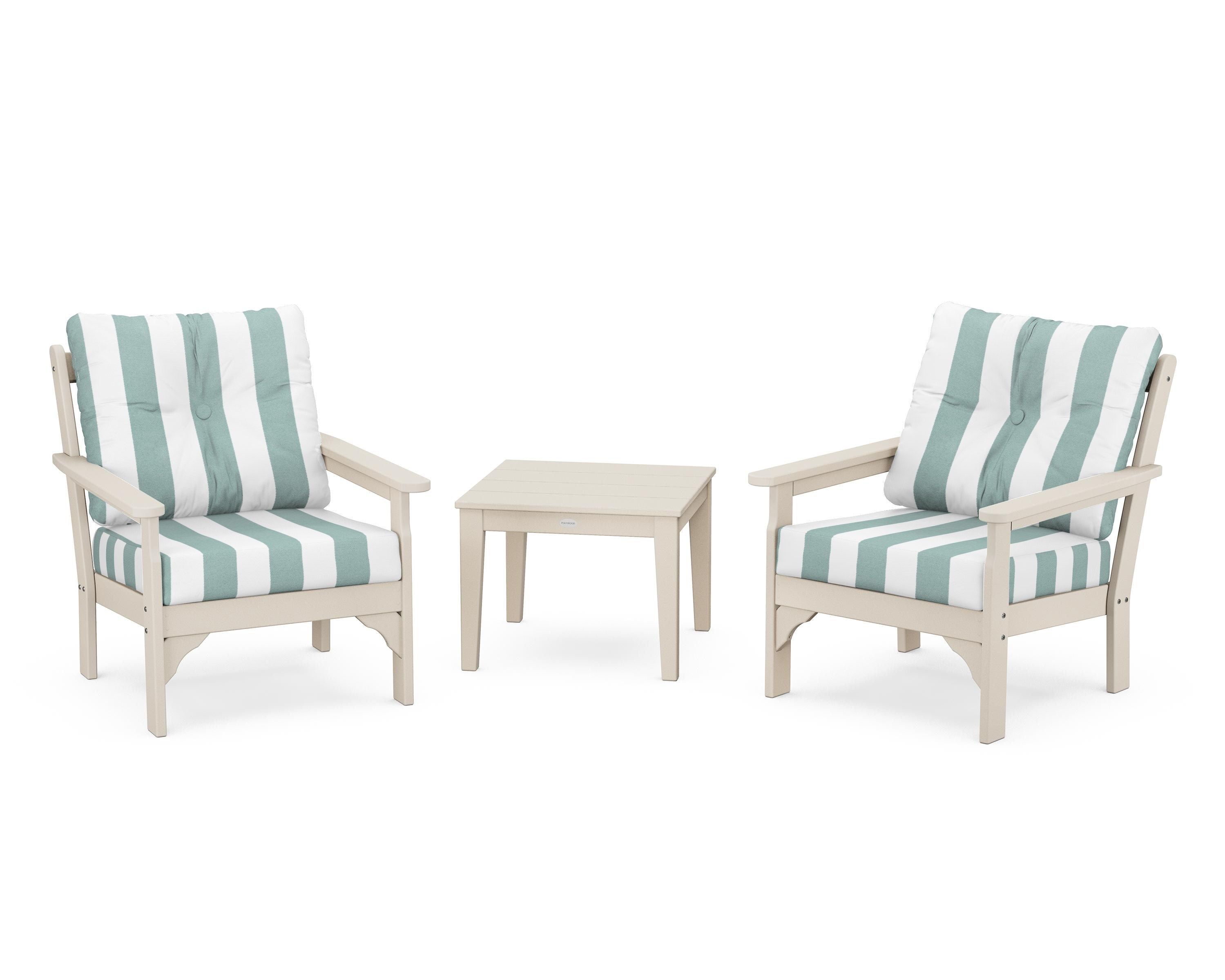 POLYWOOD® Vineyard 3-Piece Deep Seating Set in Sand / Cabana Stripe Glacier Spa