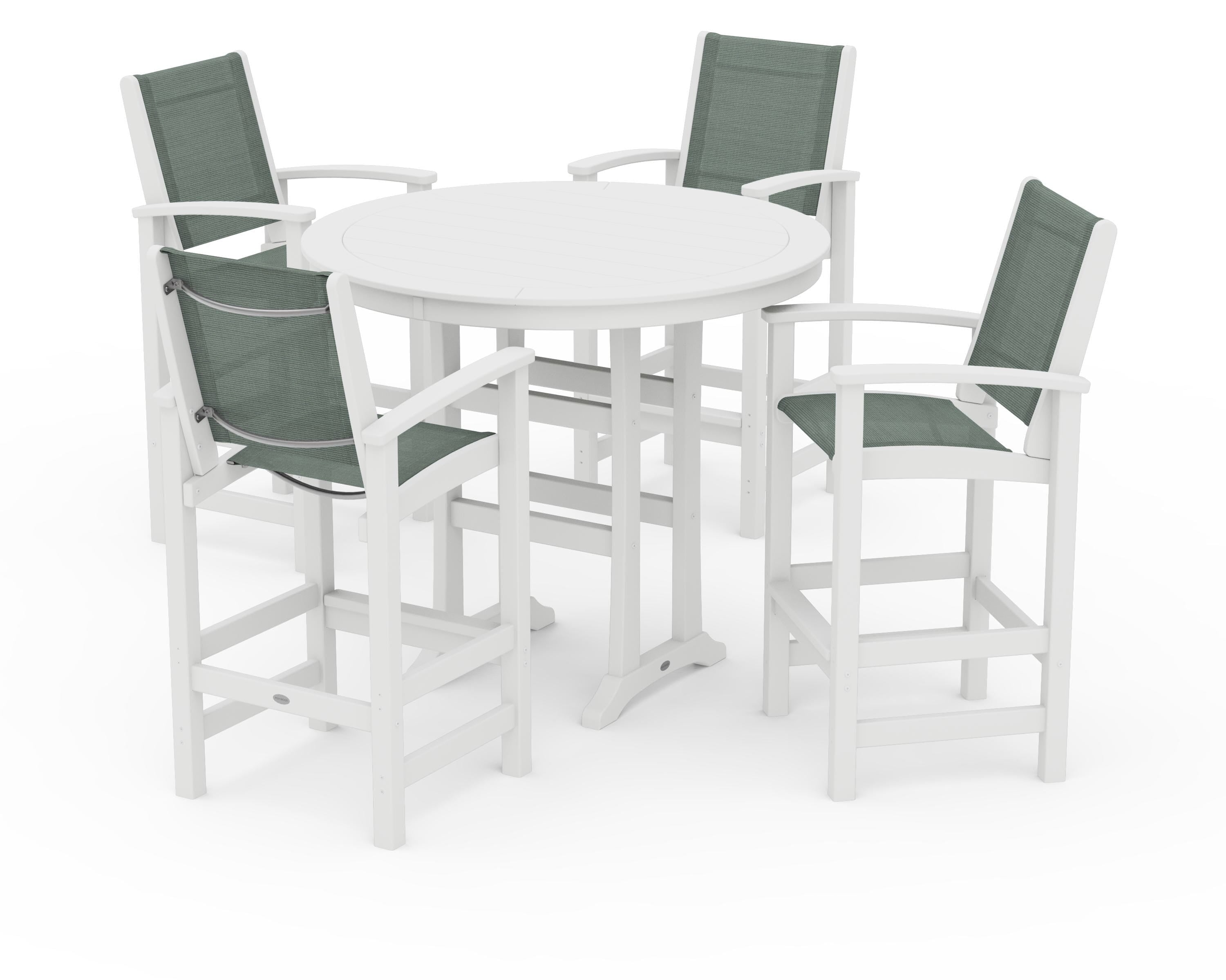 POLYWOOD® Coastal 5-Piece Nautical Trestle Bar Set in White / Dupioni Sea Mist Sling