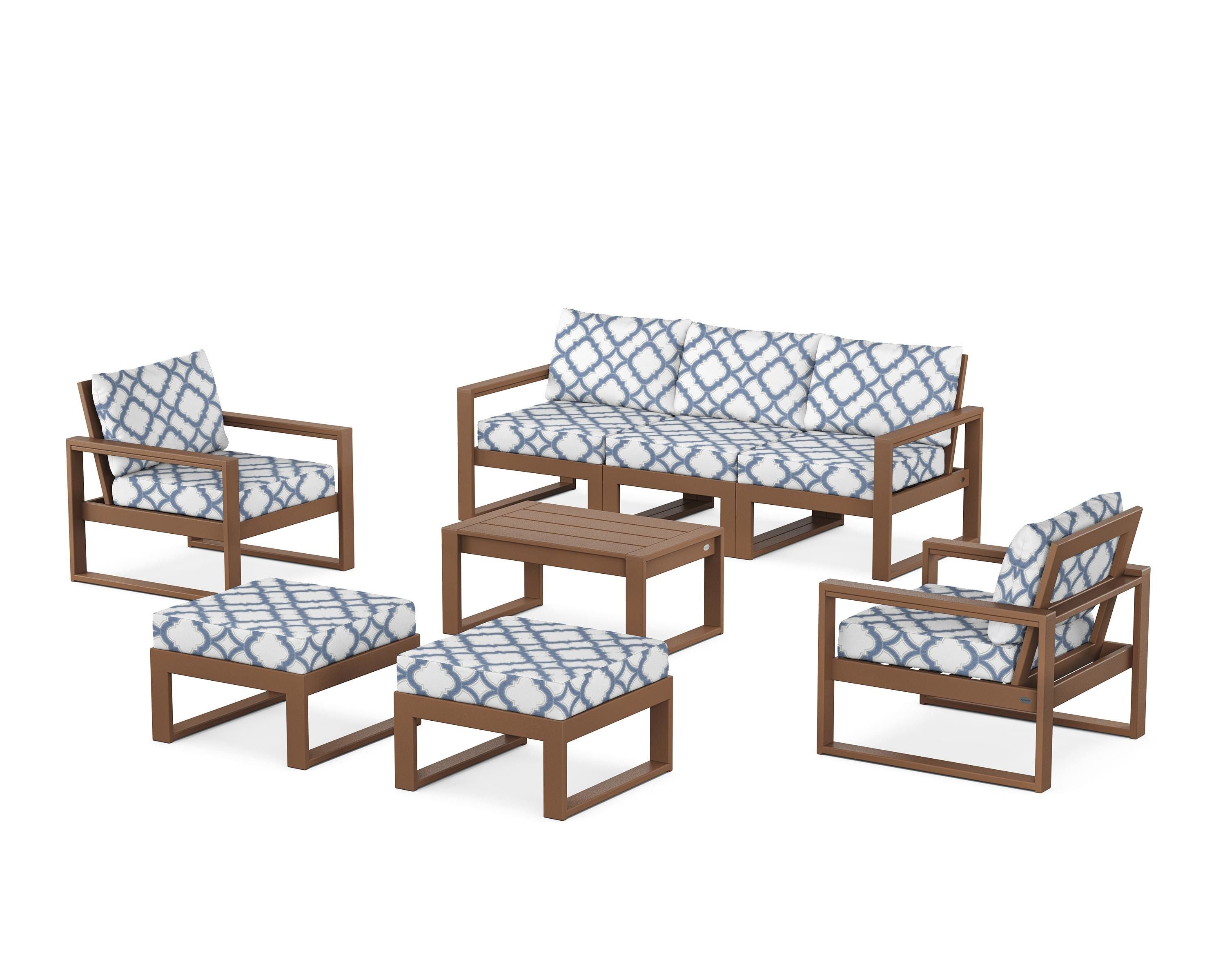 POLYWOOD® EDGE Sectional 8-Piece Lounge Sofa Set in Teak / Trellis Sky Blue