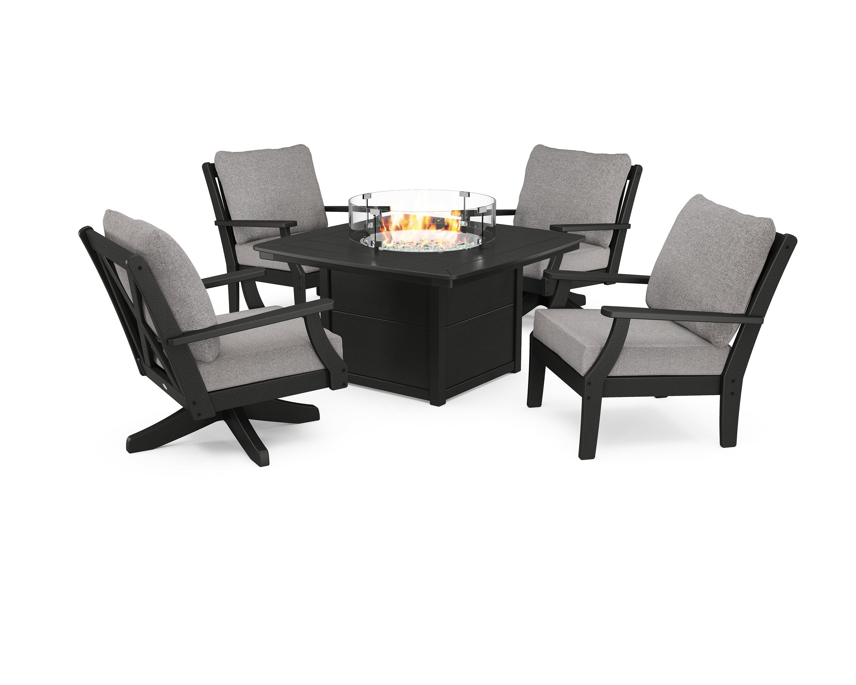 POLYWOOD® Braxton 5-Piece Deep Seating Set with Fire Table in Black / Grey Mist