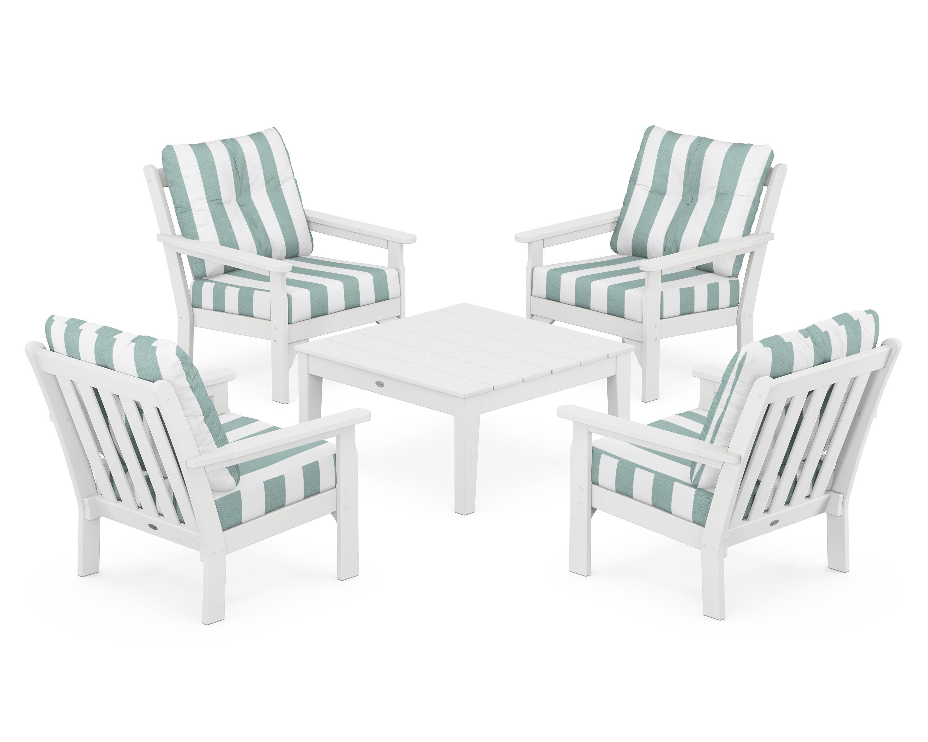 POLYWOOD® Vineyard 5-Piece Deep Seating Conversation Set in White / Cabana Stripe Glacier Spa