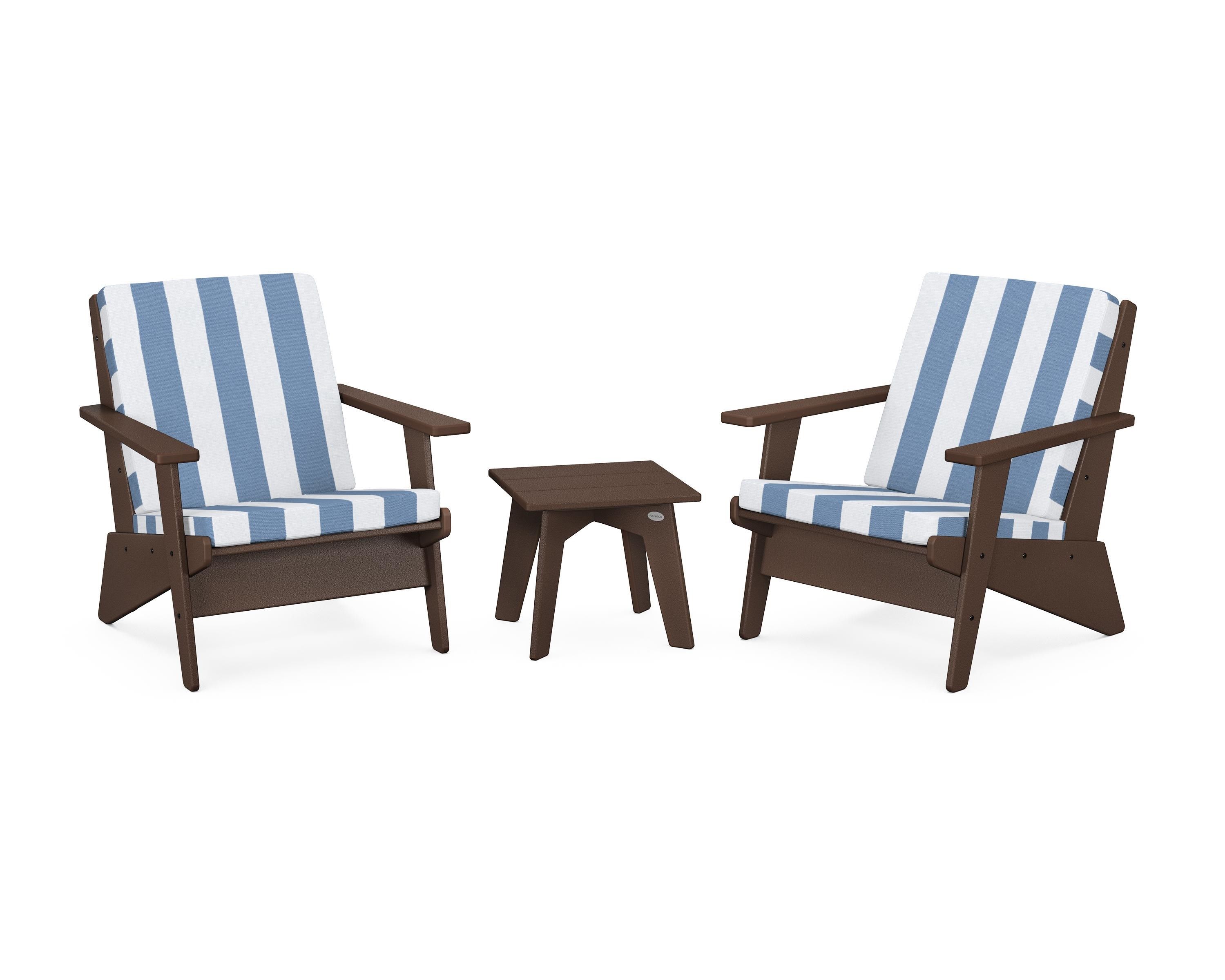 POLYWOOD® Riviera Modern Lounge 3-Piece Set in Mahogany / Cabana Stripe Sky Blue