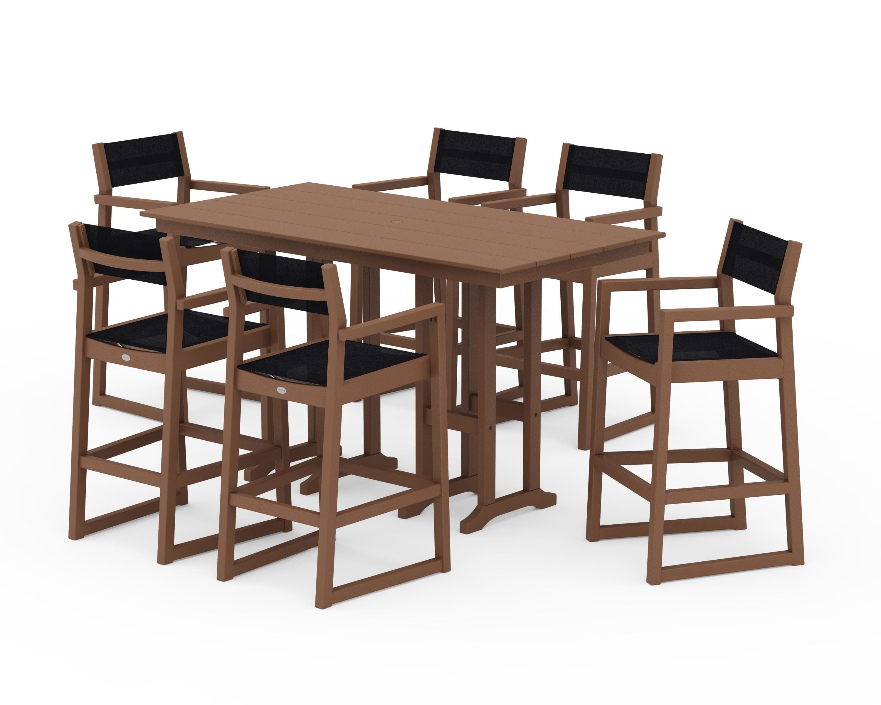 POLYWOOD® EDGE Sling Arm Chair 7-Piece Farmhouse Bar Set in Teak / Black Sling