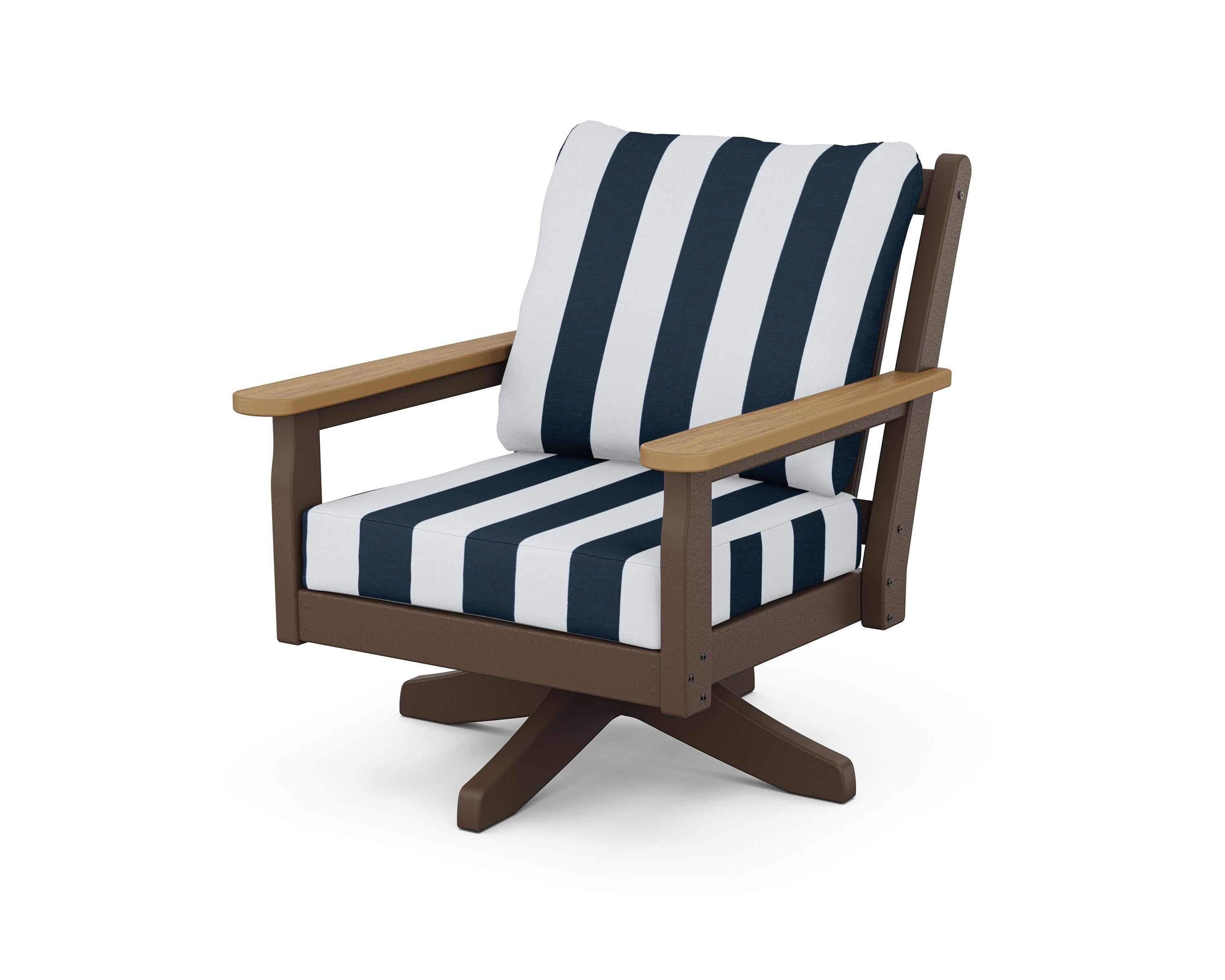 POLYWOOD® Chippendale Deep Seating Swivel Chair in Mahogany / Natural / Cabana Stripe Marine Indigo