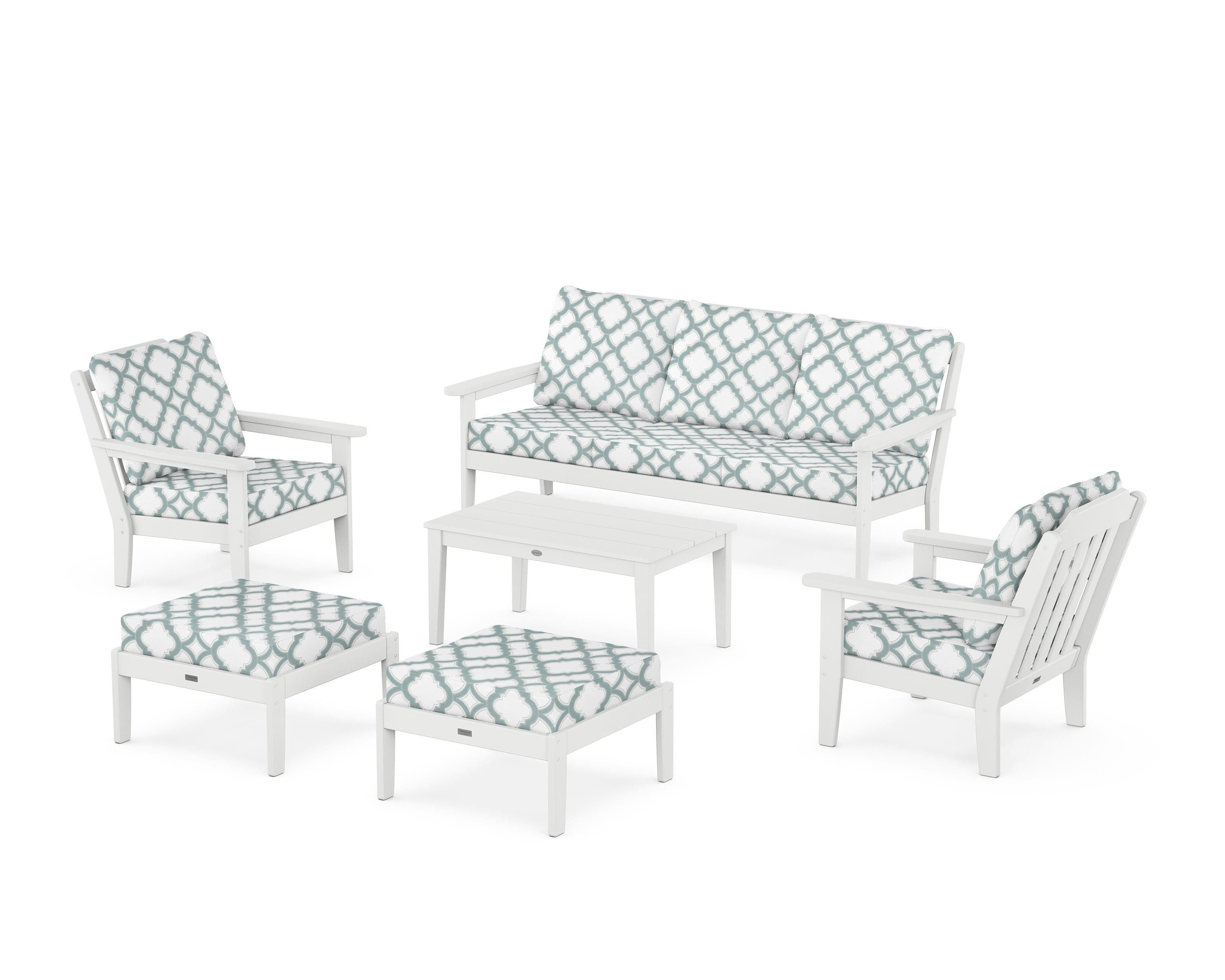 Country Living Cottage 6-Piece Lounge Sofa Set in White / Trellis Glacier Spa